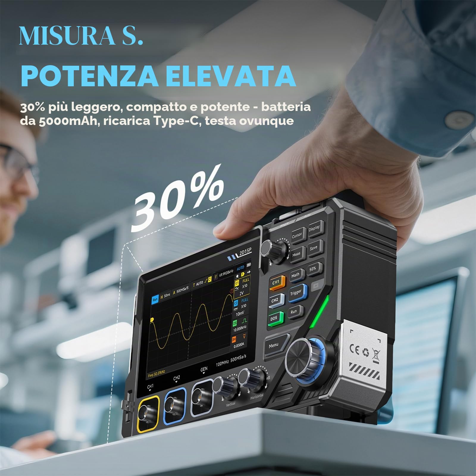 2D15P Oscilloscopio, 100 MHz Digitale Oscilloscopio Multimetro, Oscilloscopio Portatile 2 canali 3 in, 19.999 TRMS, Oscilloscopio Palmare di precisione 500 MSPS, Tester Oscilloscopio con touch screen