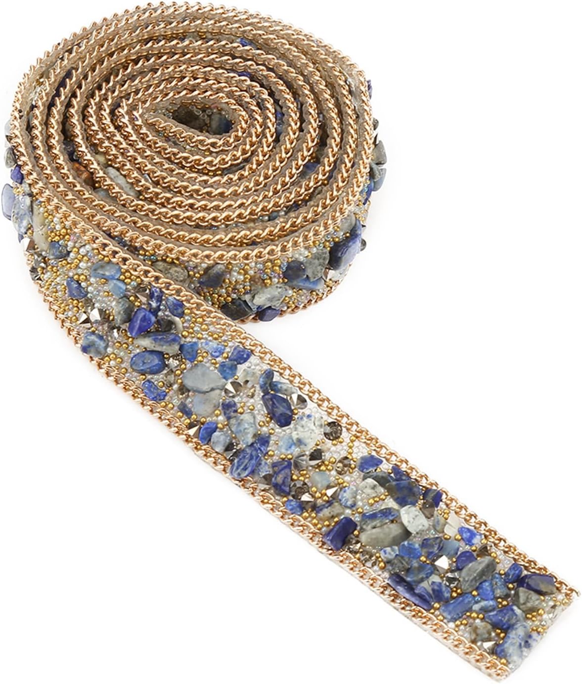 1 M Beaded Trim, 2 CM Width Beaded Ribbon, Rhinestone Trim, for Hat, Clothes, Wedding Dress, Blue Gold Rice Beads Gold Chain