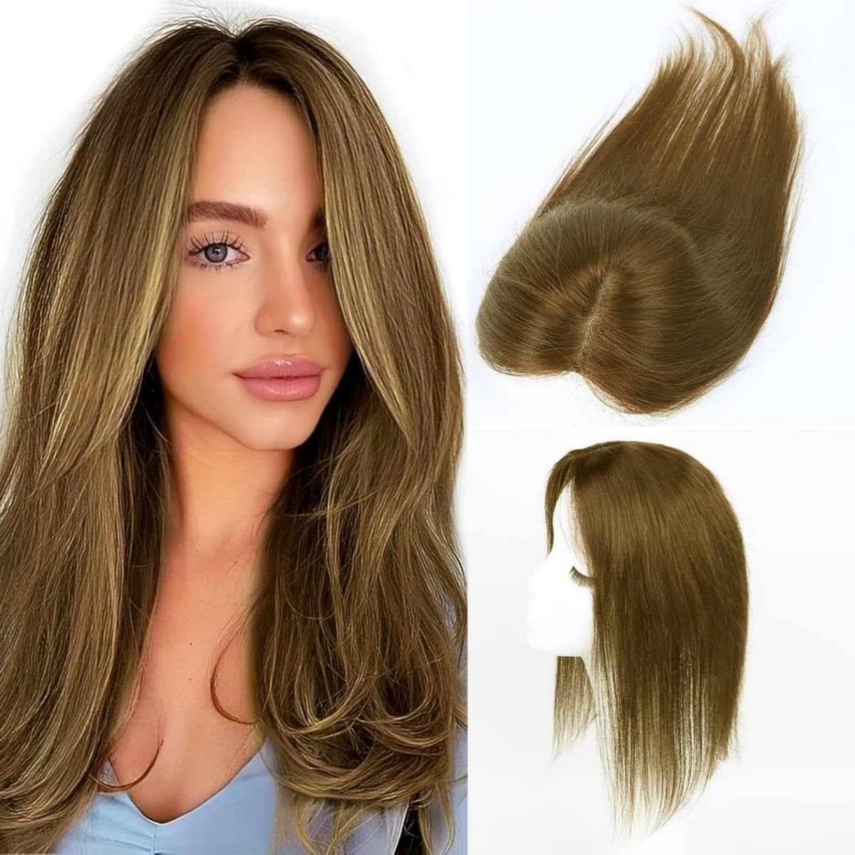 Toppers para mujer, pelo humano, color marrón claro, con clip en piezas de pelo real, para cabello fino, parte superior de la cabeza, mullida, sin flequillo