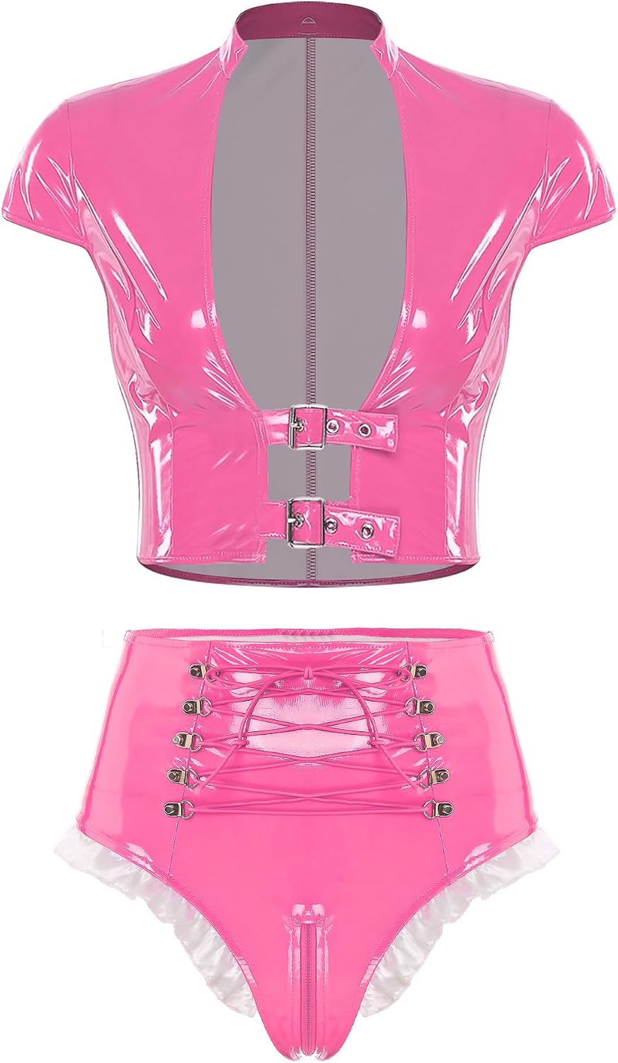 Women Vinyl Stretchy Zipper Tops Panties Set Latex Outfits Patent Leather Hollow Out Shiny Metallic Suit