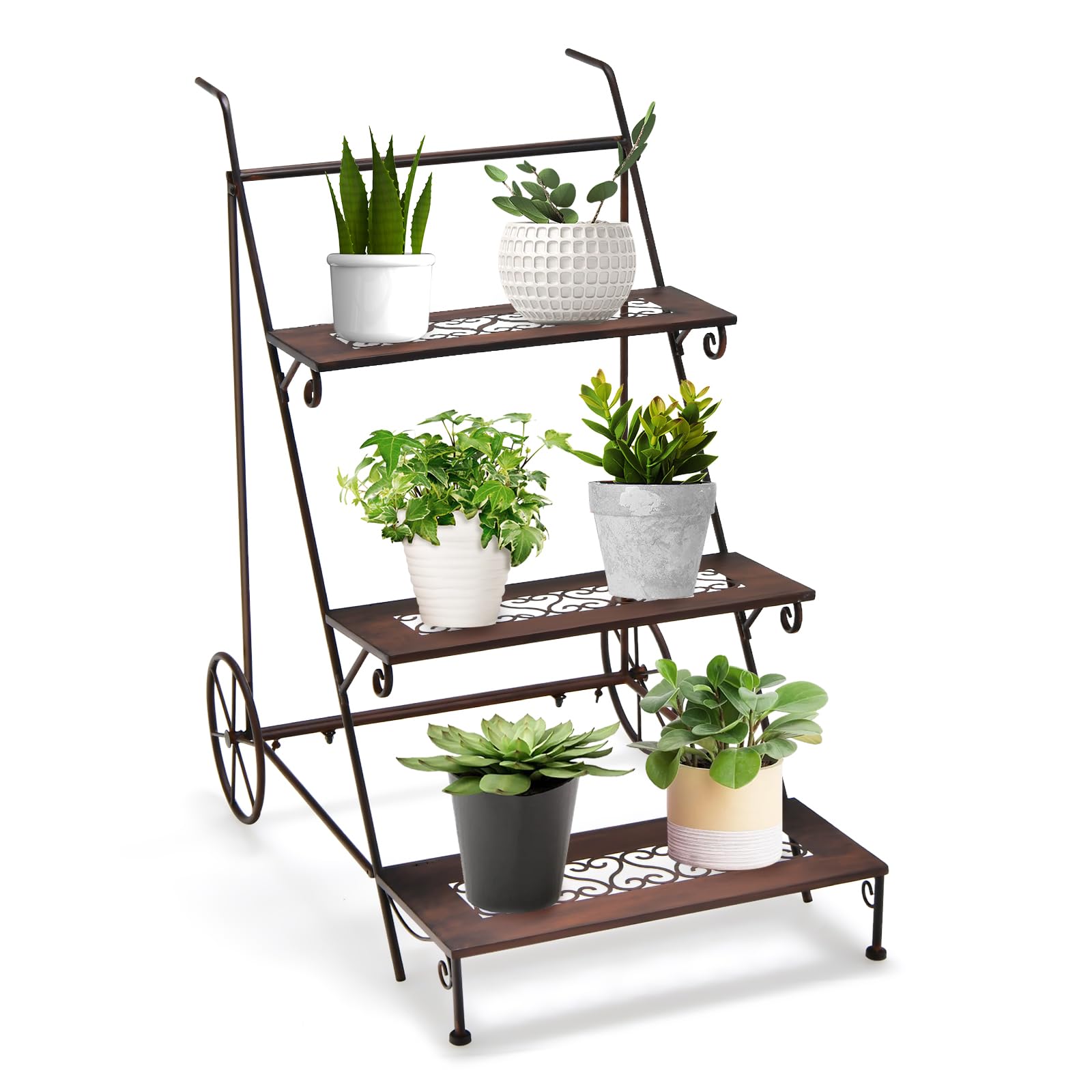TANGZON 3-Tier Metal Plant Stand, Rolling Flower Pot Ladder Rack with Wheels & Handles, Indoor Outdoor Plants Holder Display Shelving Unit for Living Room Balcony Garden Patio, 78 x 53 x 85cm