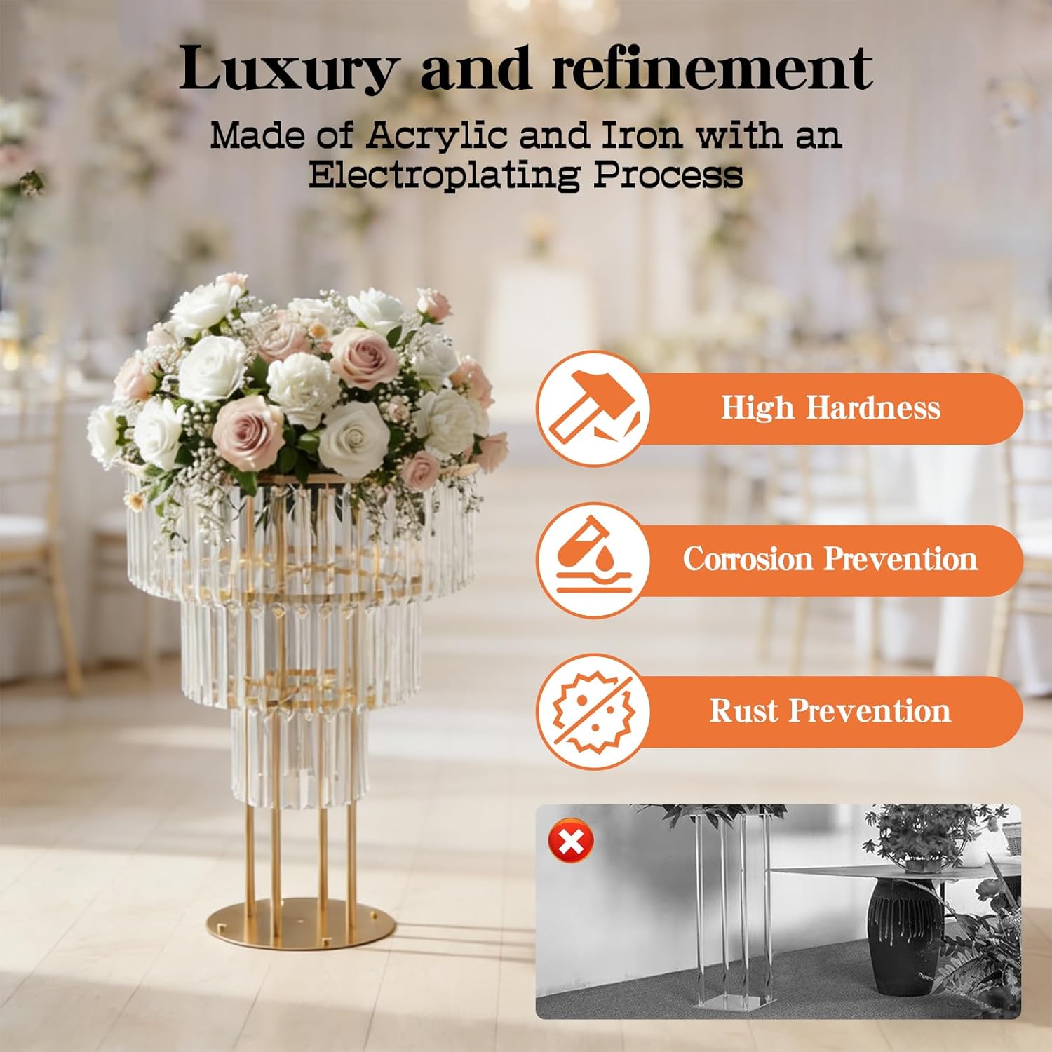 2Pcs Gold Wedding Flower Vases, Metal Flower Stand with Hanging Crystals & Round Pedestal, Modern Crystal Flower Holder for Wedding Road Lead T Stage Decoration (3 Tier)