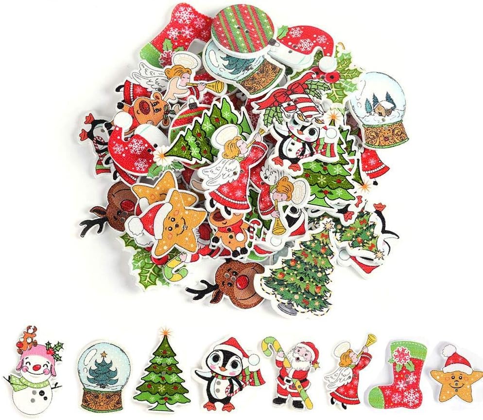 50Pcs Novelty Christmas Wooden Buttons Santa Claus Snowman Xmas Tree Reindeer Mixed Buttons Handmade Decorative Dress Up 2 Holes Buttons Sewing Crafting Gift Buttons