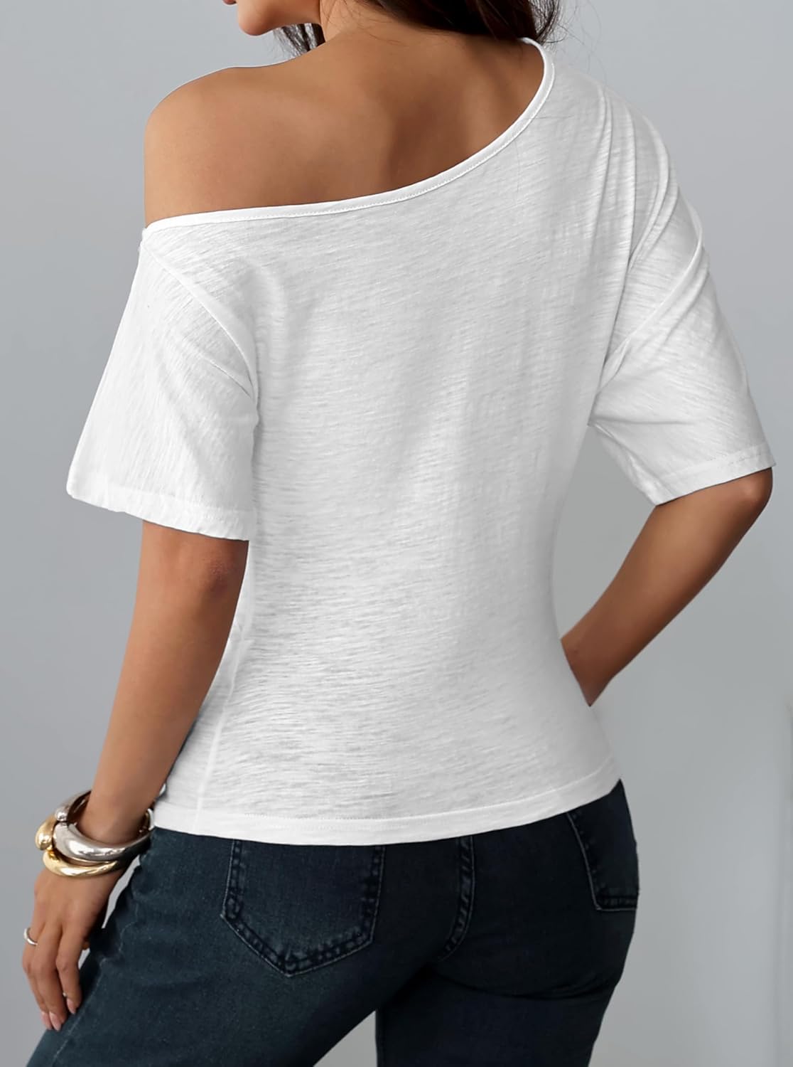 Hilinker Womens Off The Shoulder Asymmetrical Tops Sexy Tie Waist Batwing Sleeve Cotton T Shirts - Image 3