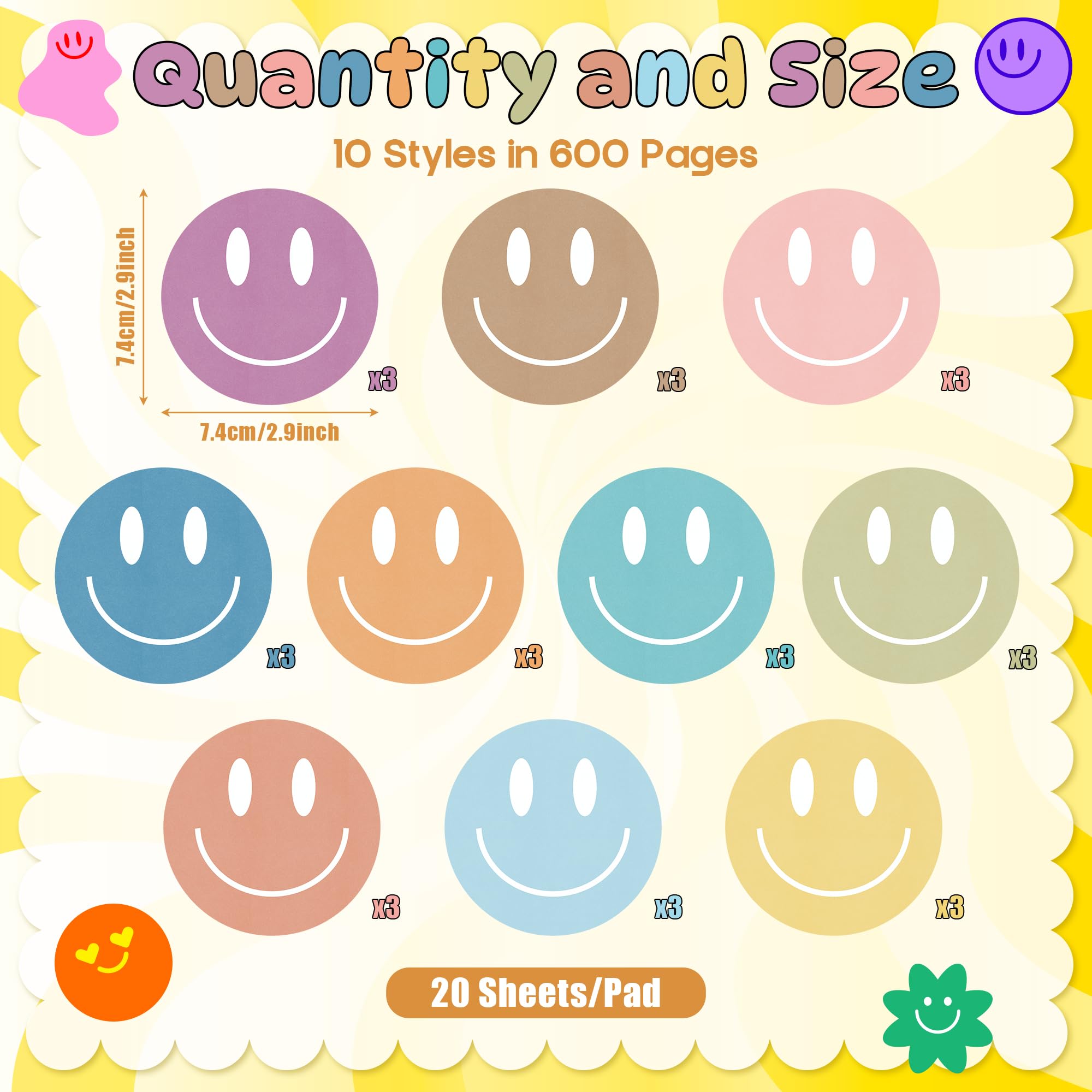 AgincBerry Boho-Haftnotizen mit lächelndem Gesicht, bunt, adrett, selbstklebend, Mini-Notizblock, kreatives Design, Notizblock, Schreiben, Haftnotizen, Büro, Zuhause, Geschenk-Tab-Zubehör, 30 Stück