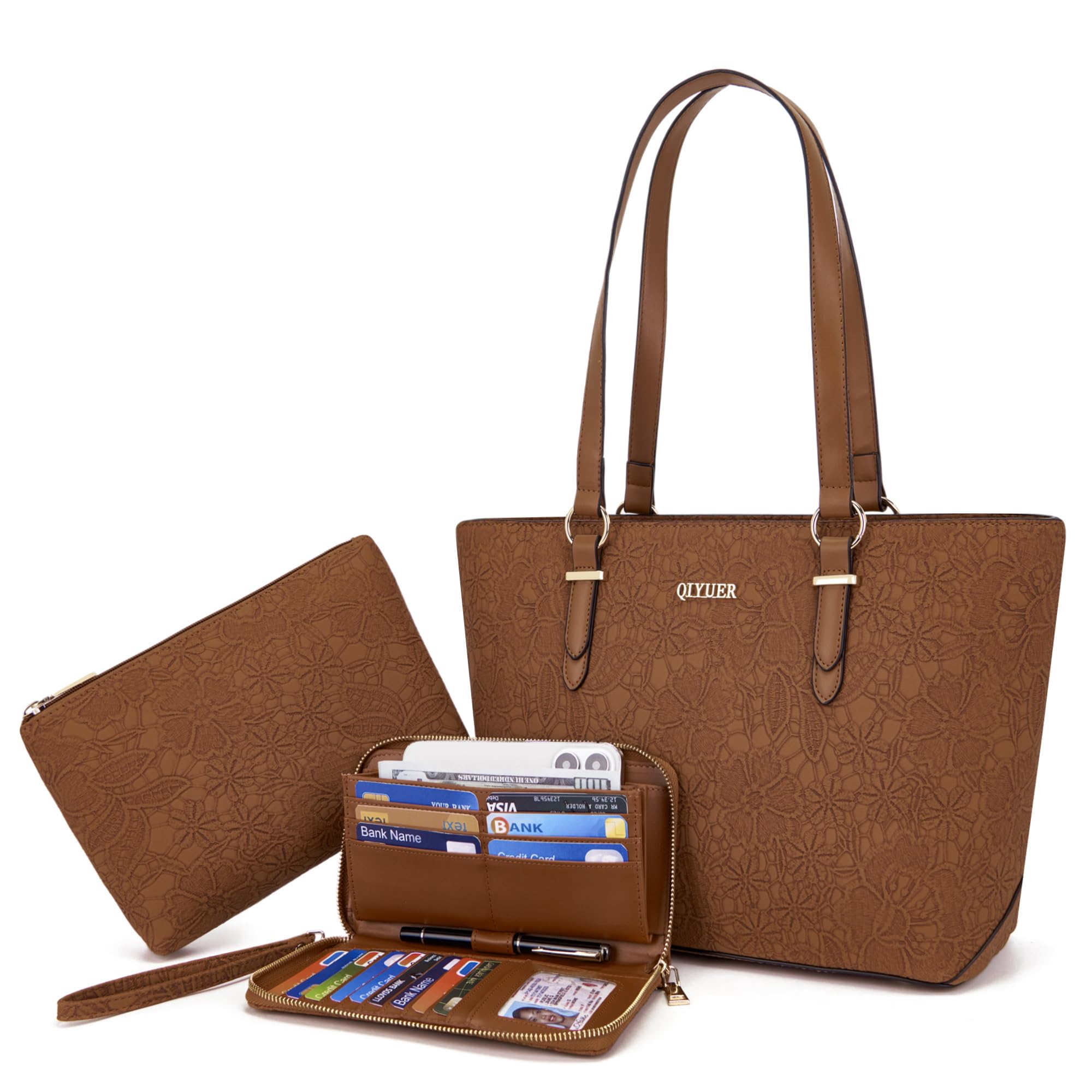 Qiyuer Versatile Daily Purses with RFID Wallet for Women Tote Handbag Set