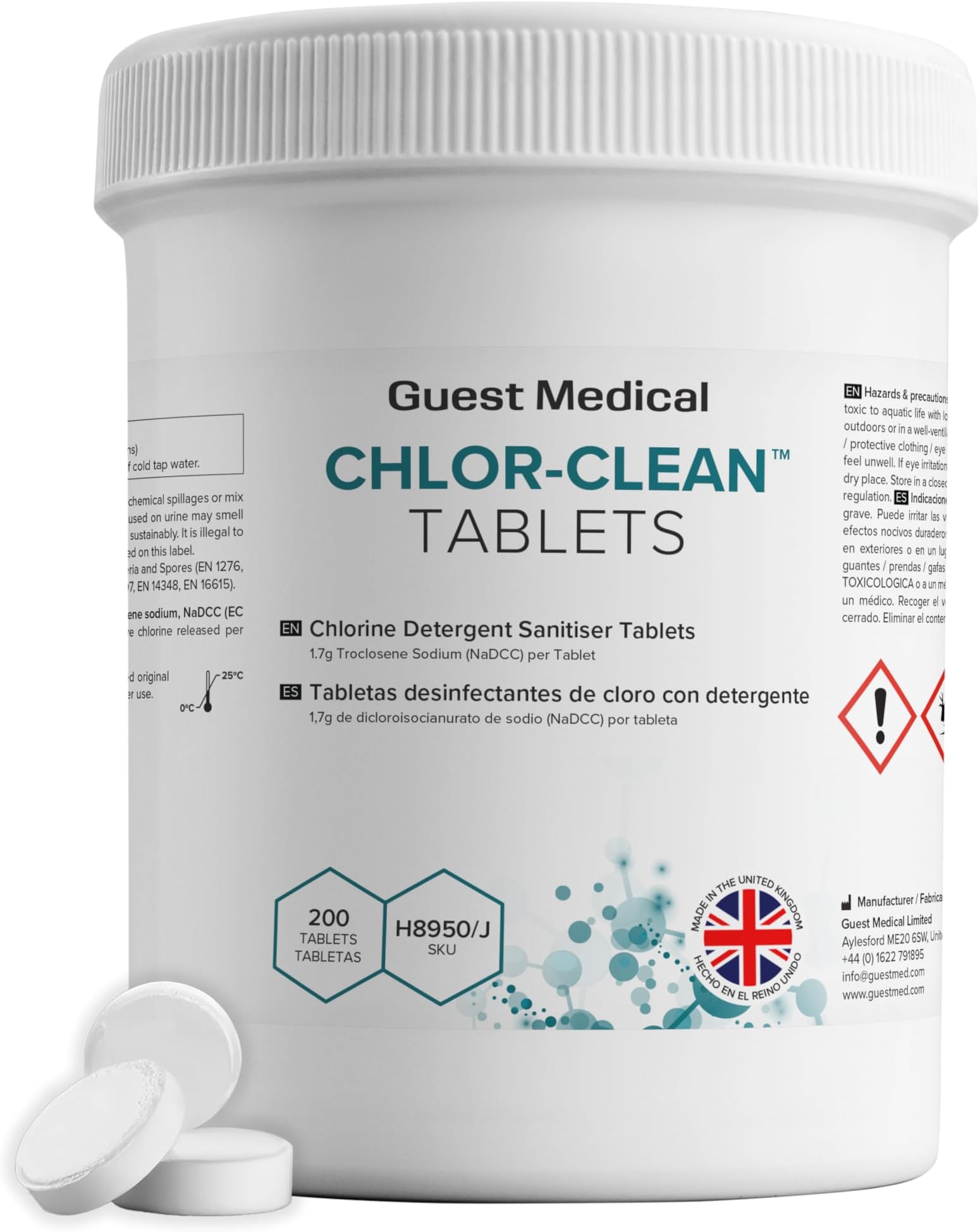 Chlorine Detergent Sanitiser Tablets, 3.25g Tablets, 1.7g NaDCC per Tablet, Single Tub of 200 Tablets