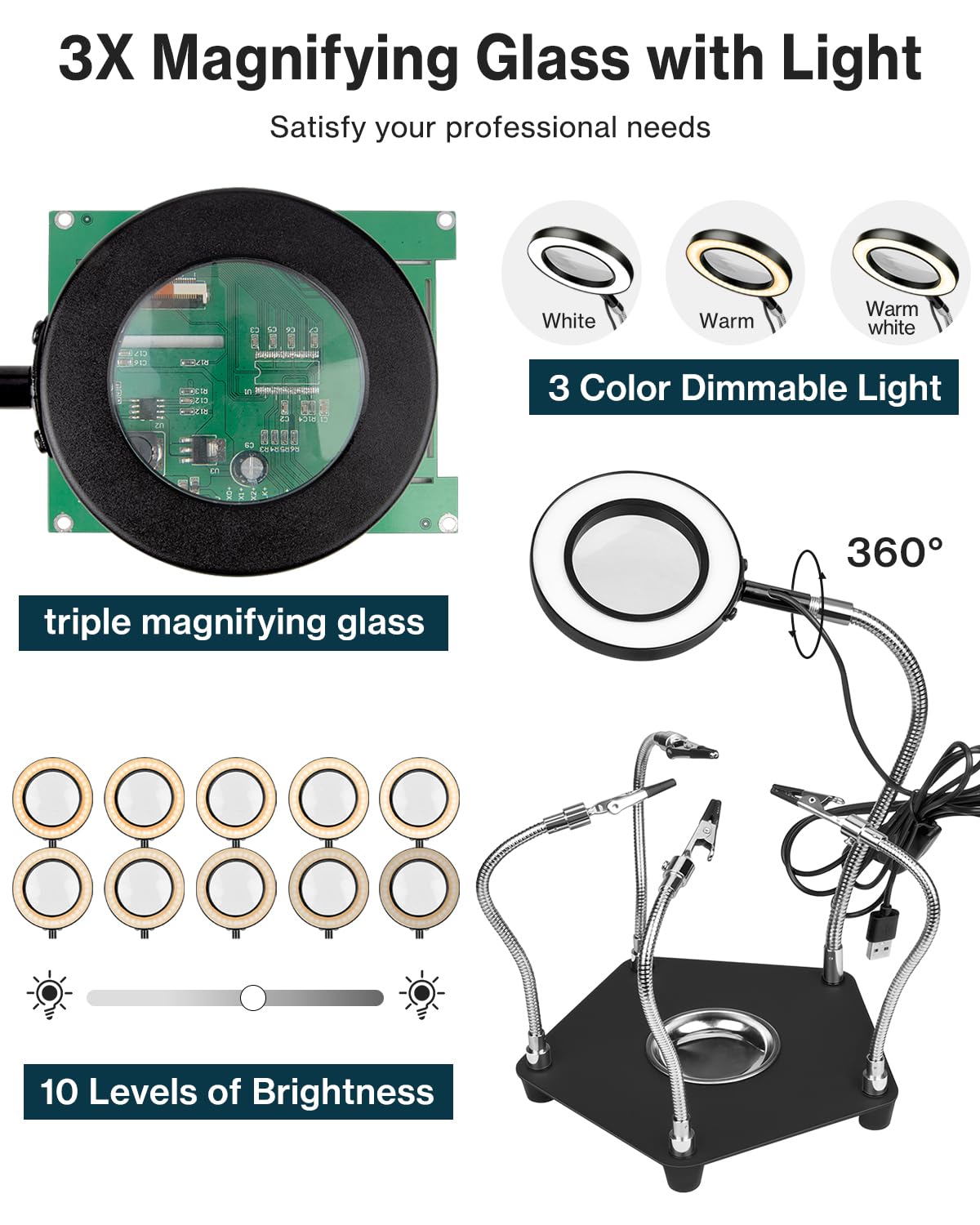 Lytool Troisième-Main-Soudure-Aider Les Mains Station de Soudage avec Lampe Loupe 3X LED à Intensité Variable Main d'Aide à Souder Flexible avec 4 Bras de Support pour les Réparations-de-Soudure
