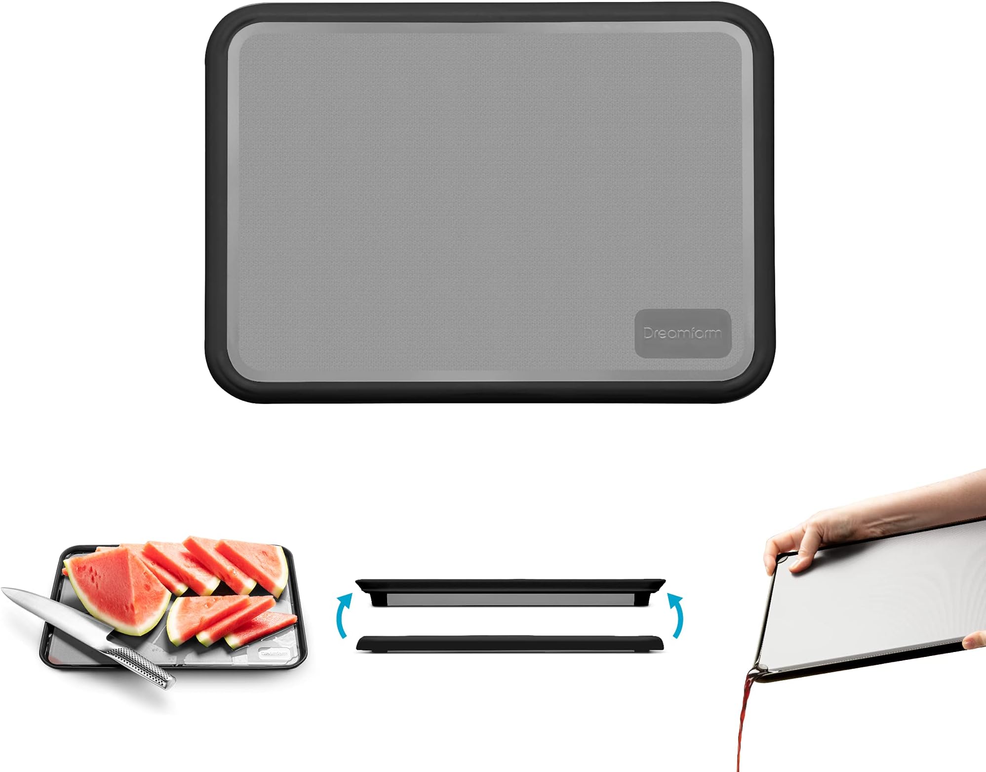 DreamfarmFledge Durable, Double-Sided Cutting Board with Non-Slip, Juice-Catching Flip-Up Silicone Edges - 10"x7" Gray