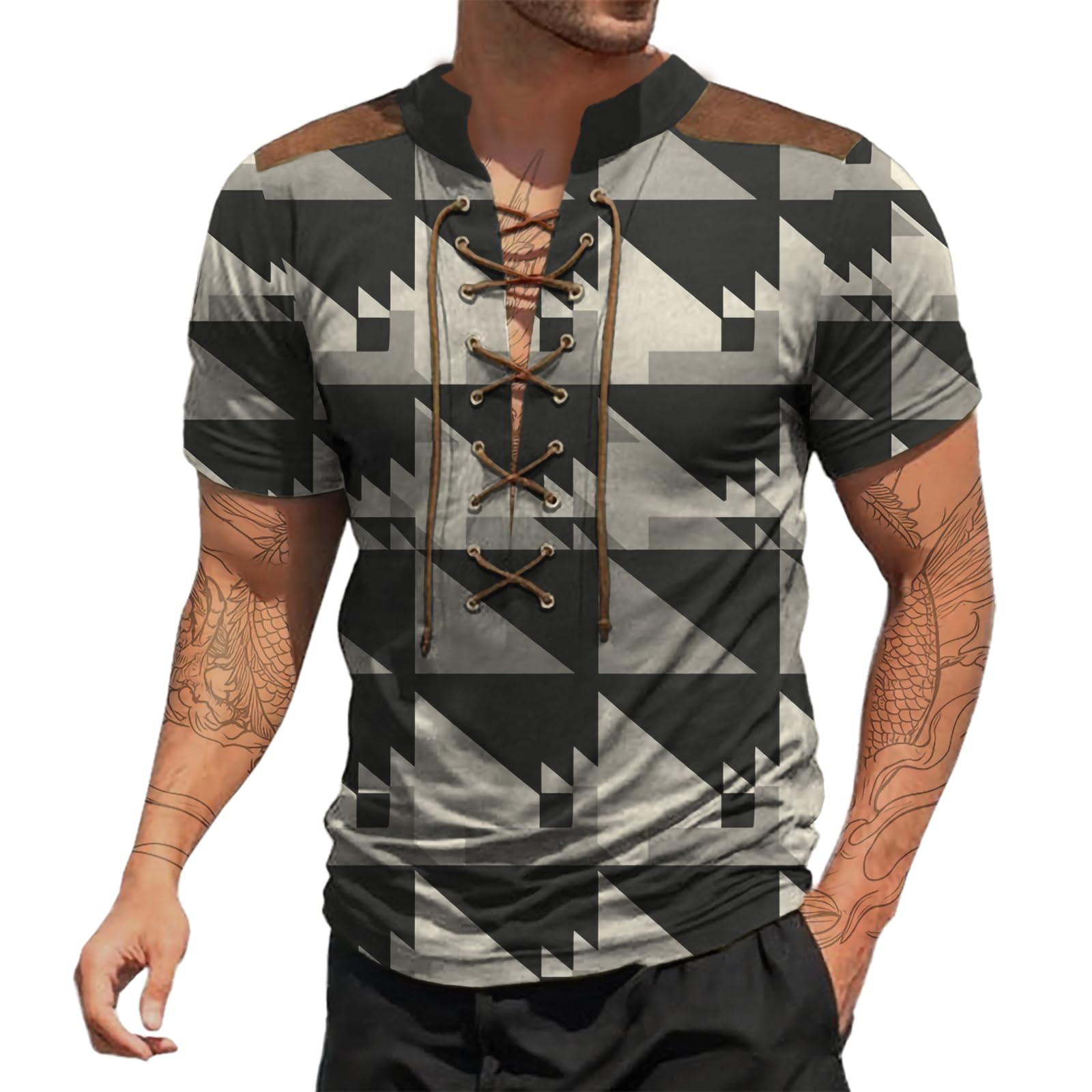 Mens T Shirts Vintage Drawstring Neckline Summer Tops Slimming Fit Lightweight Comfort Breathable Casual Tees