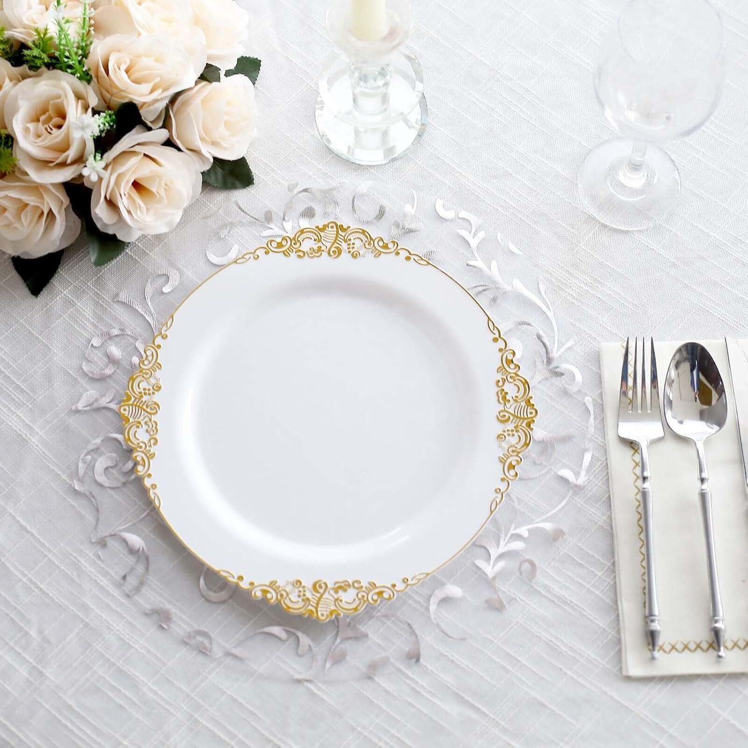 50 Pack 13" Silver Sheer Organza Placemats - Round Embossed Foil Flower Design Disposable and Elegant