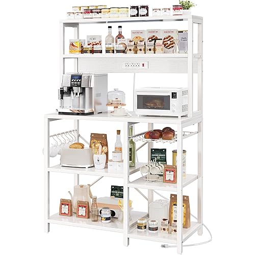 SUPERJARE Bakers Rack with Power Outlet, 35.4 Inches Coffee Bar with Wire Basket, Kitchen Microwave Stand with 6 S-Shaped Hooks, Open Storage Shelves, White