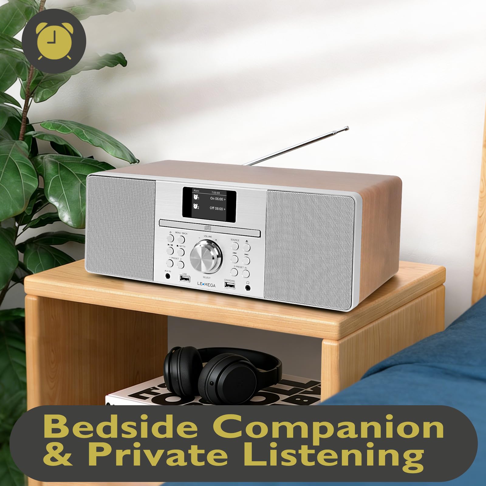 LEMEGA MSY1P Sistema musicale All-In-One,lettore CD,DAB/DAB+ e radio digitale FM,Bluetooth,suono stereo 20W,USB MP3,caricatore USB,uscita cuffie,Aux-in,orologio allarmi,display a colori. Noce