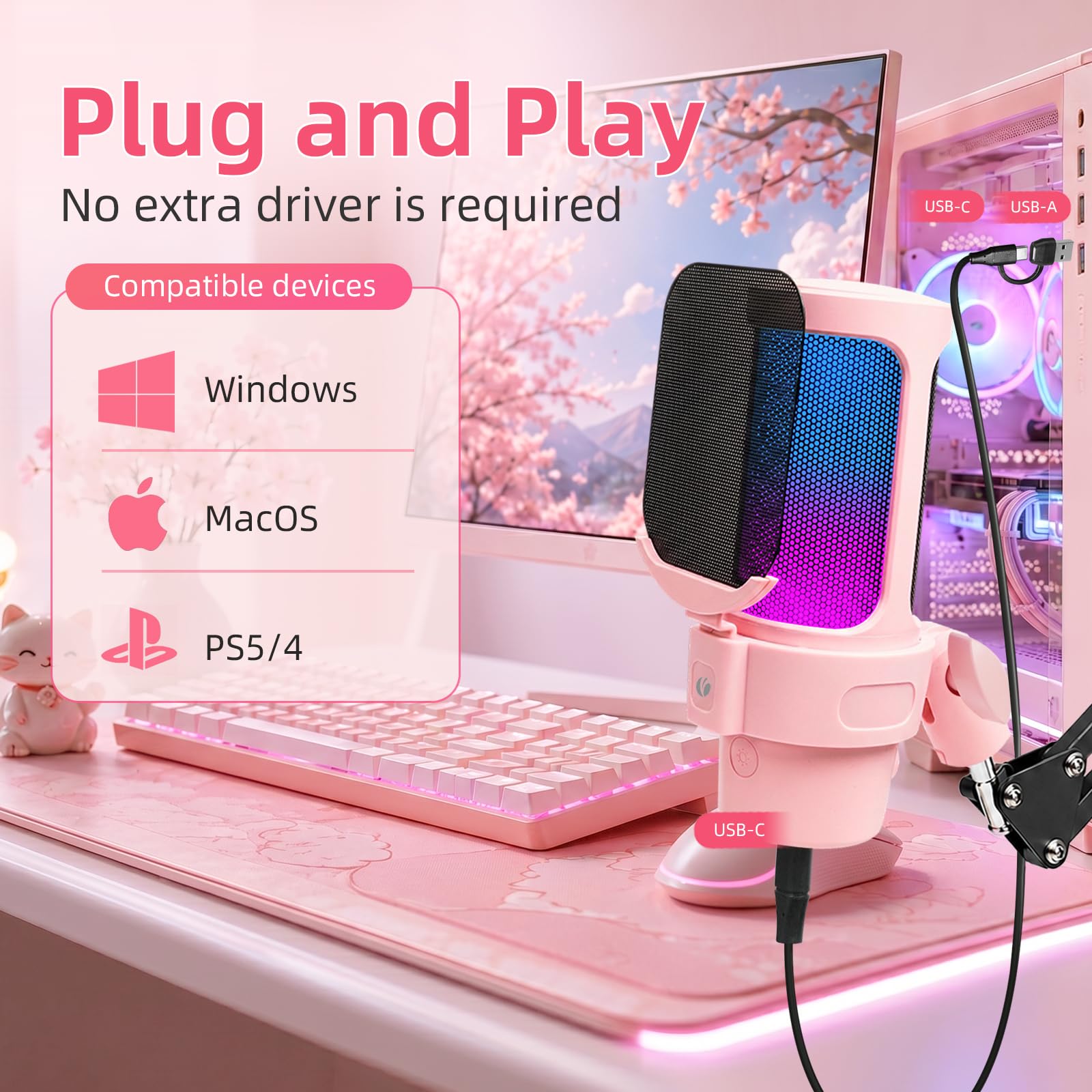 V VCOM Microfono USB per PC, microfono da gioco rosa con braccio e modalità