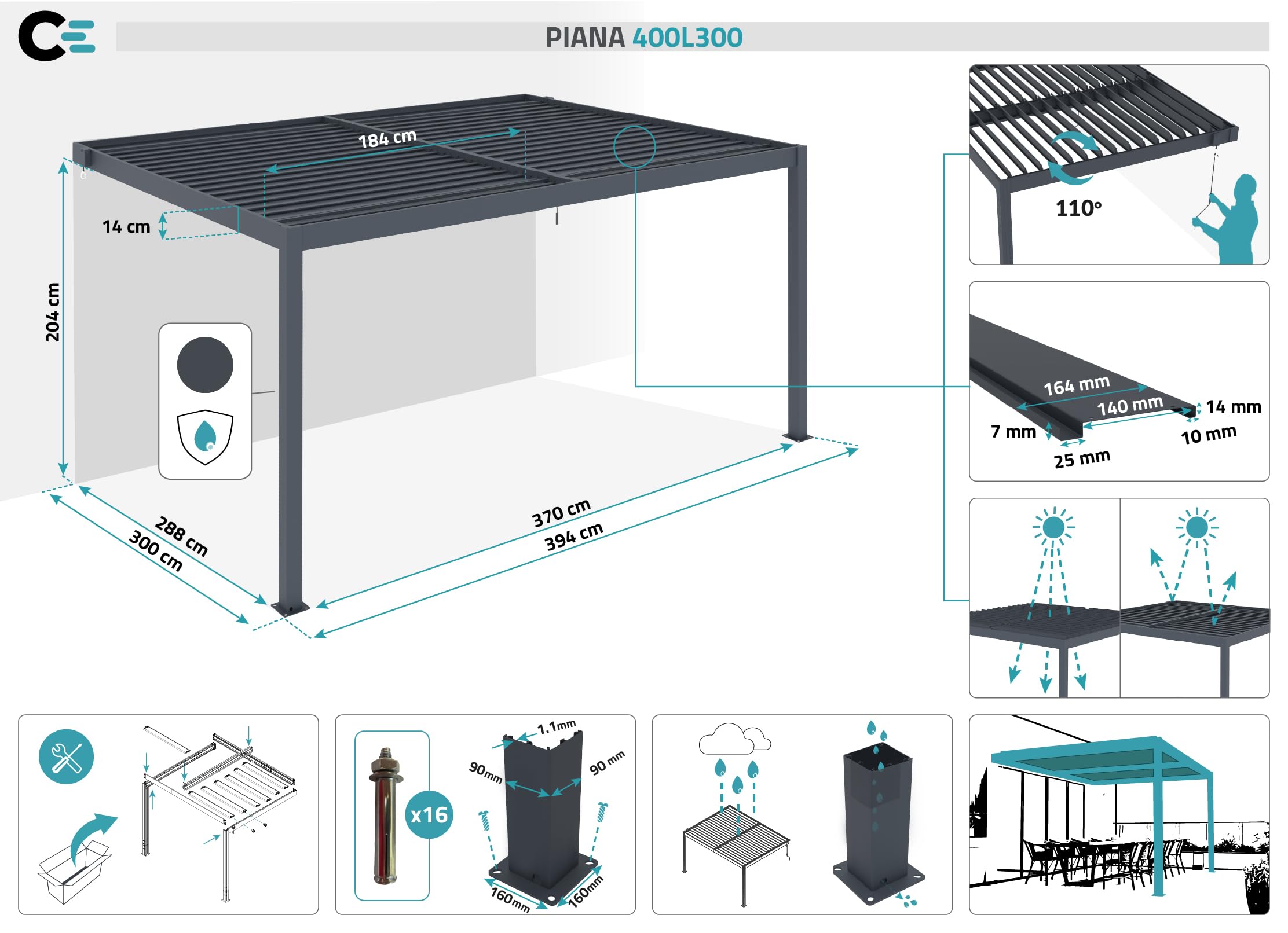CAZEBOO Pergola Bioclimatica Addossata PIANA 388x298 cm (4x3 m – 12 m²) Alluminio Grigio Antracite – Lamelle Orientabili 0-110° Acciaio – Resistente Vento 70 km/h – Kit Completo con Manovella