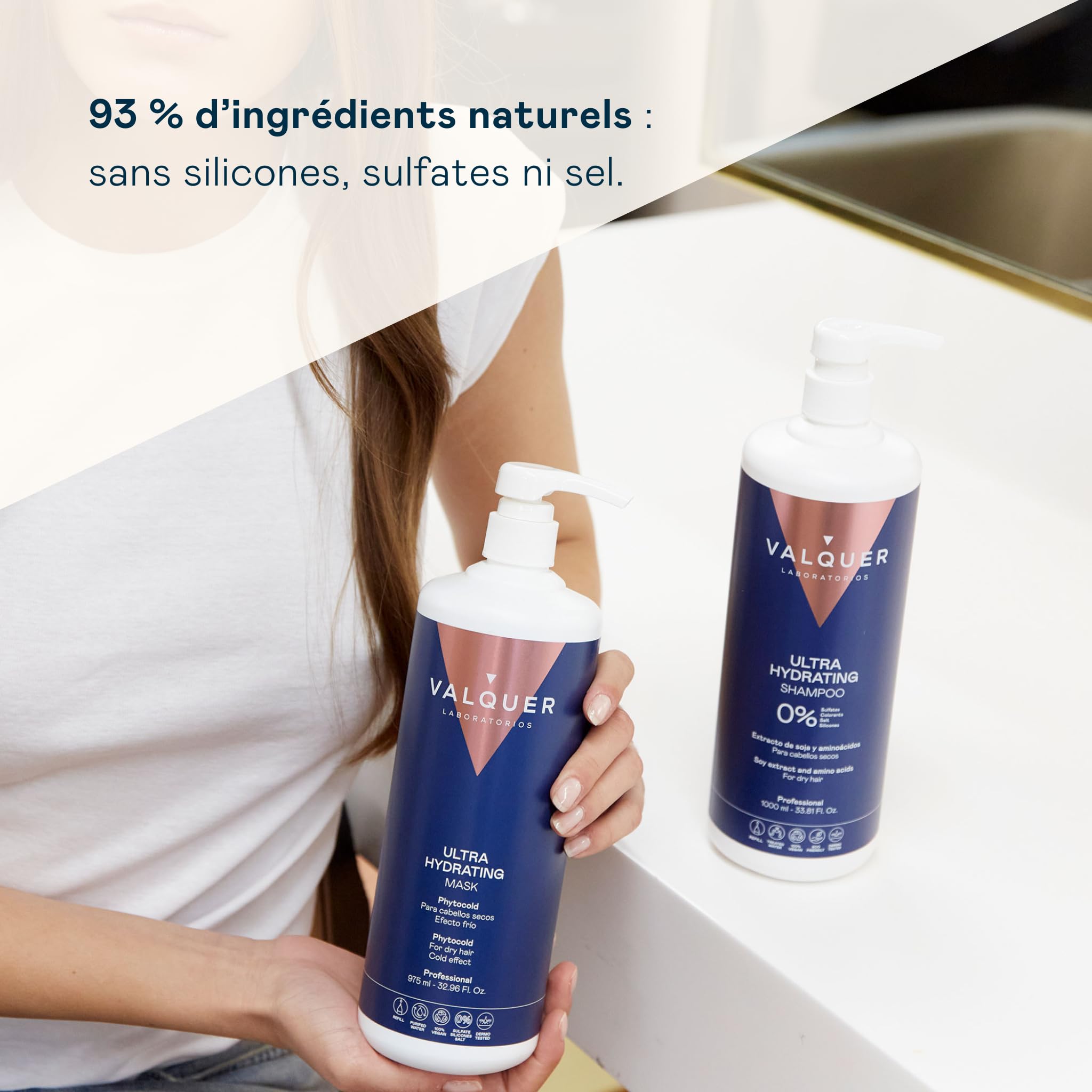 Valquer Profesional Ice Masque Ultra-hydratant pour Cheveux, 1000 ml | Kératine Végétale | Phytokératine & extrait de soja | Formule Zero | Sans sulfates, silicones ni sel | Vegan