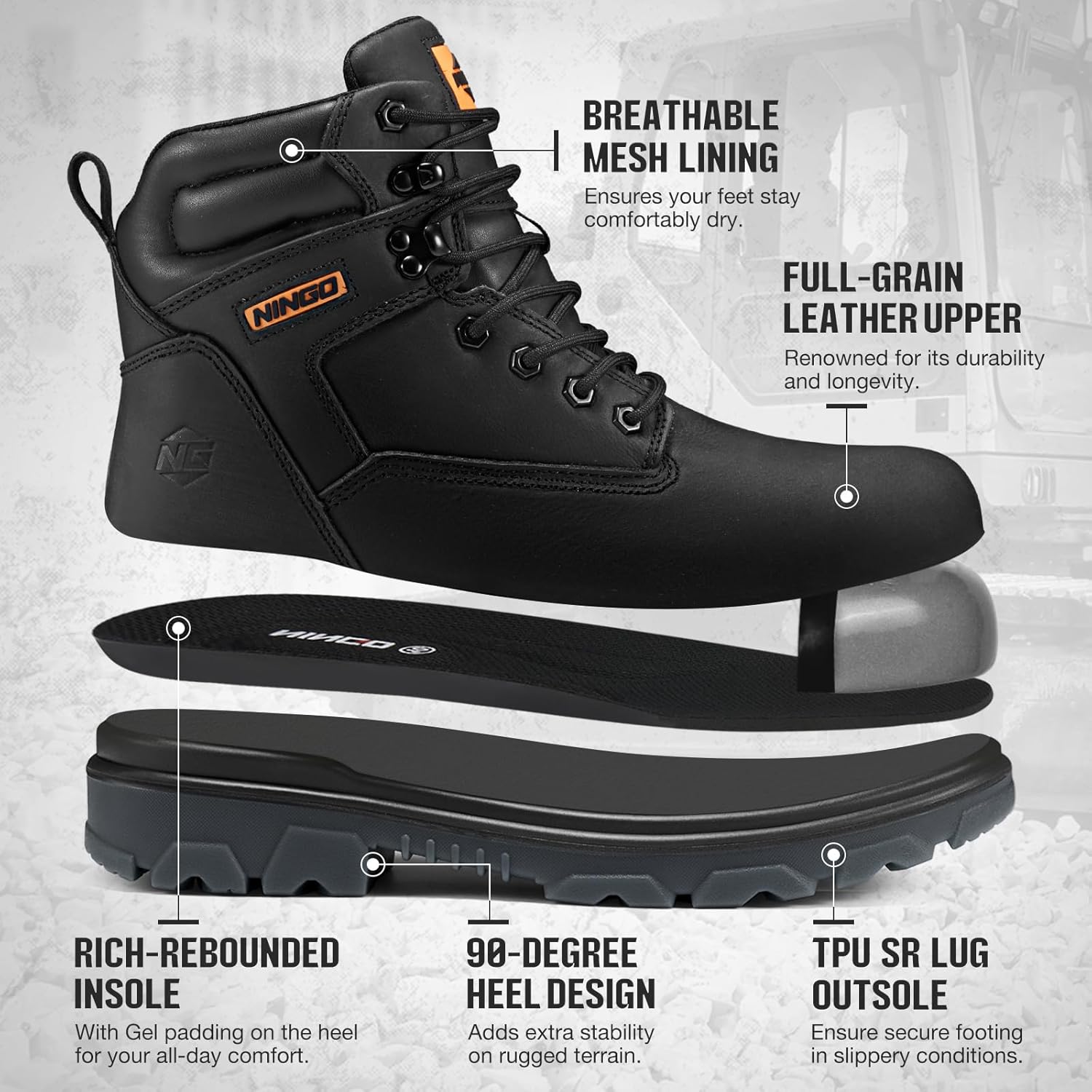 NINGO Work Boots for Men, Steel Toe Waterproof Boots with Puncture Proof, Oil & Slip Resistant, Comfortable Mens Construction Boot with EH Protection, Leather Shoes for Industrial - Image 3