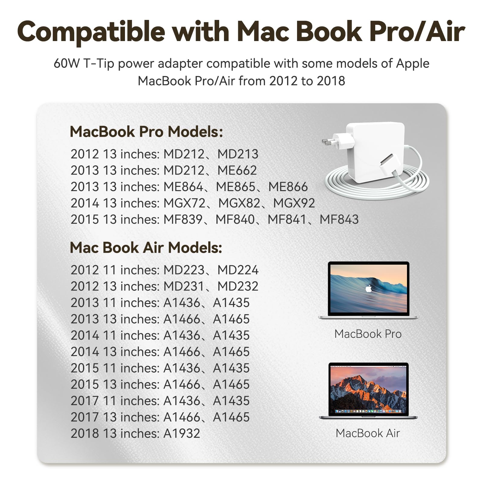 60W T-Tip Caricatore, Compatibile con Mac Book Pro Caricabatterie, Portatile Adattatore di Alimentazione per MacBook Air 11/13 Pollici, Modelli 2012/2013/2014/2015/2017/2018, Adatto A1502/A1465/A1436