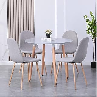 GOLDFAN Round Dining Table and 4 Chairs Modern Wood Kitchen Table and Velvet Chairs Dining Room Set, 90cm, All Grey