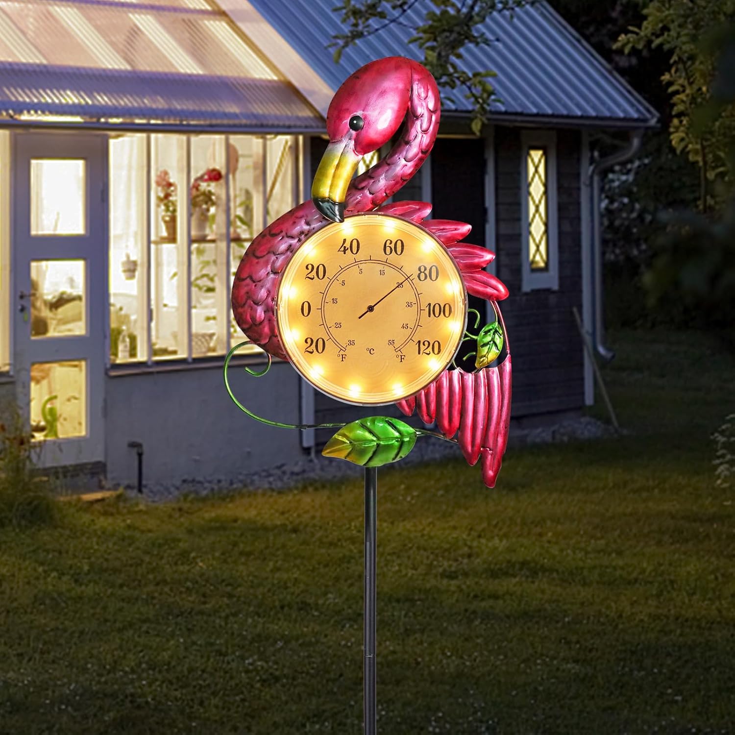 MUMTOP Outdoor Thermometer, 42 Inch Metal Flamingo Solar Lights with Stake for Patio, Yard and Garden