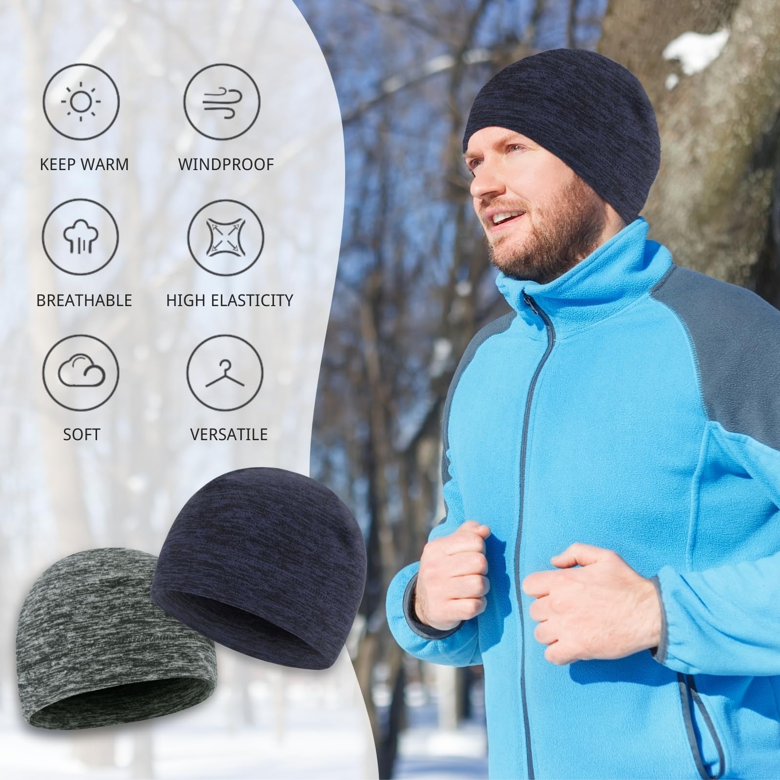 KEYRI 2-pak męskich czapek typu beanie, czapka z czaszką, zimowa, termiczna, polarowa, do biegania, nakrycia głowy z pokrowcami na uszy, trening, czapka beanie, czapka rowerowa, wkładka do kasku