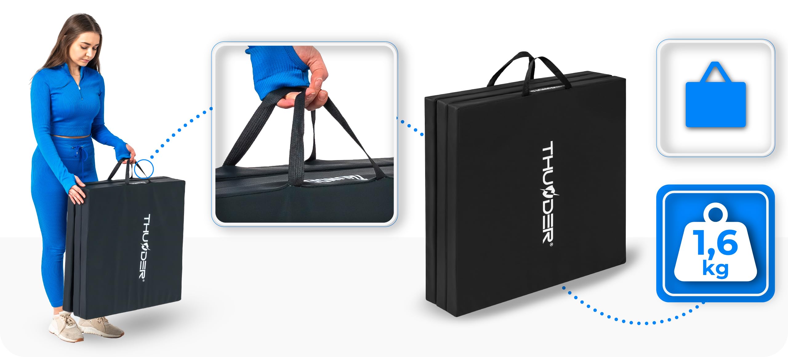 THUNDER Colchoneta de Gimnasia Plegable 180x60x4/5 cm y 195x100x5 cm – Antideslizante, con Asas – para Artes Marciales y Fitness en Casa