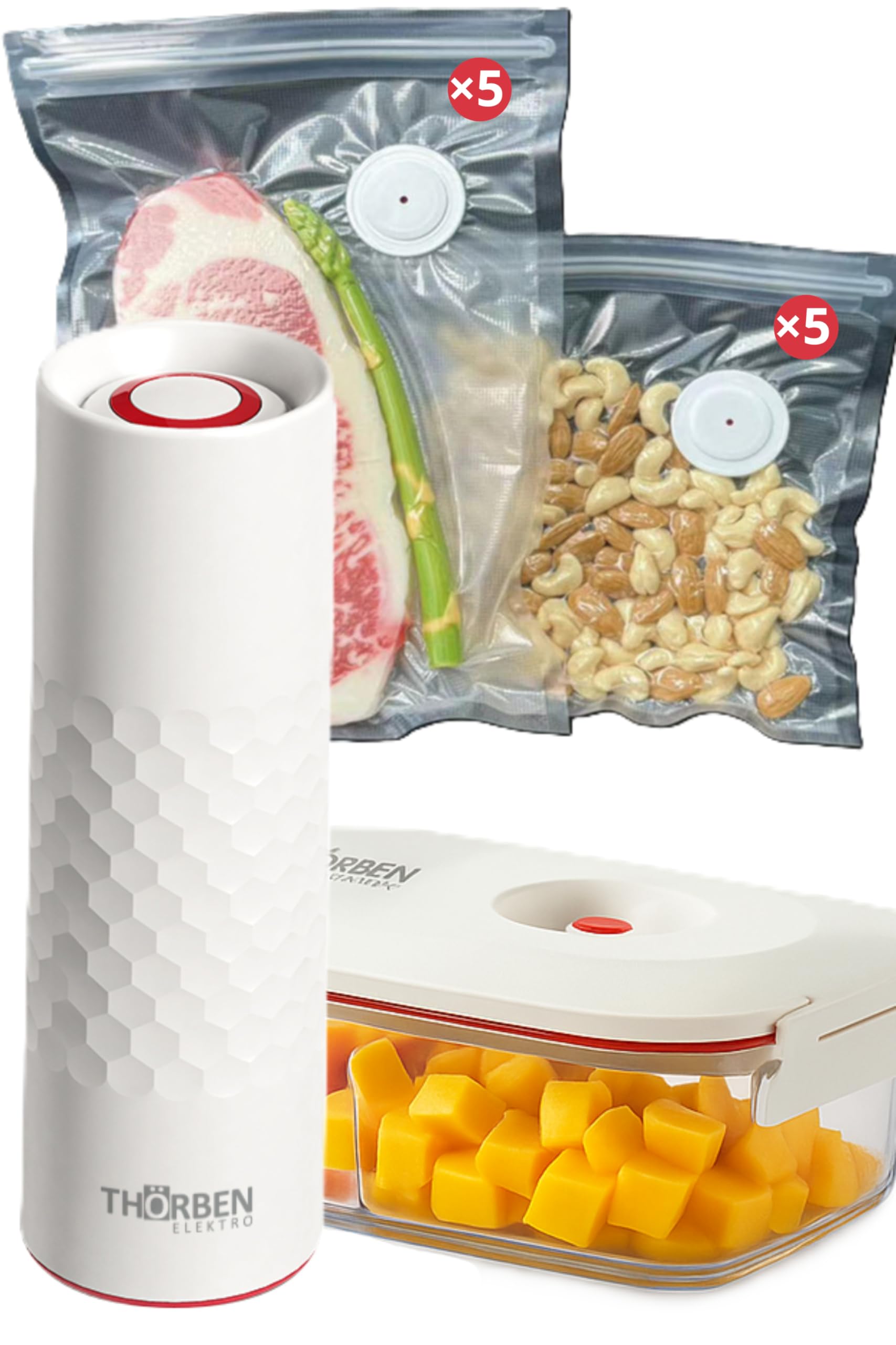 Thörben Envasadora al Vacío Inalámbrica USB-C con Autoapagado, Tupper Vidrio Borosilicato 1 L, 10 Bolsas Reutilizables (5S/5M), 2 Tapones Vino