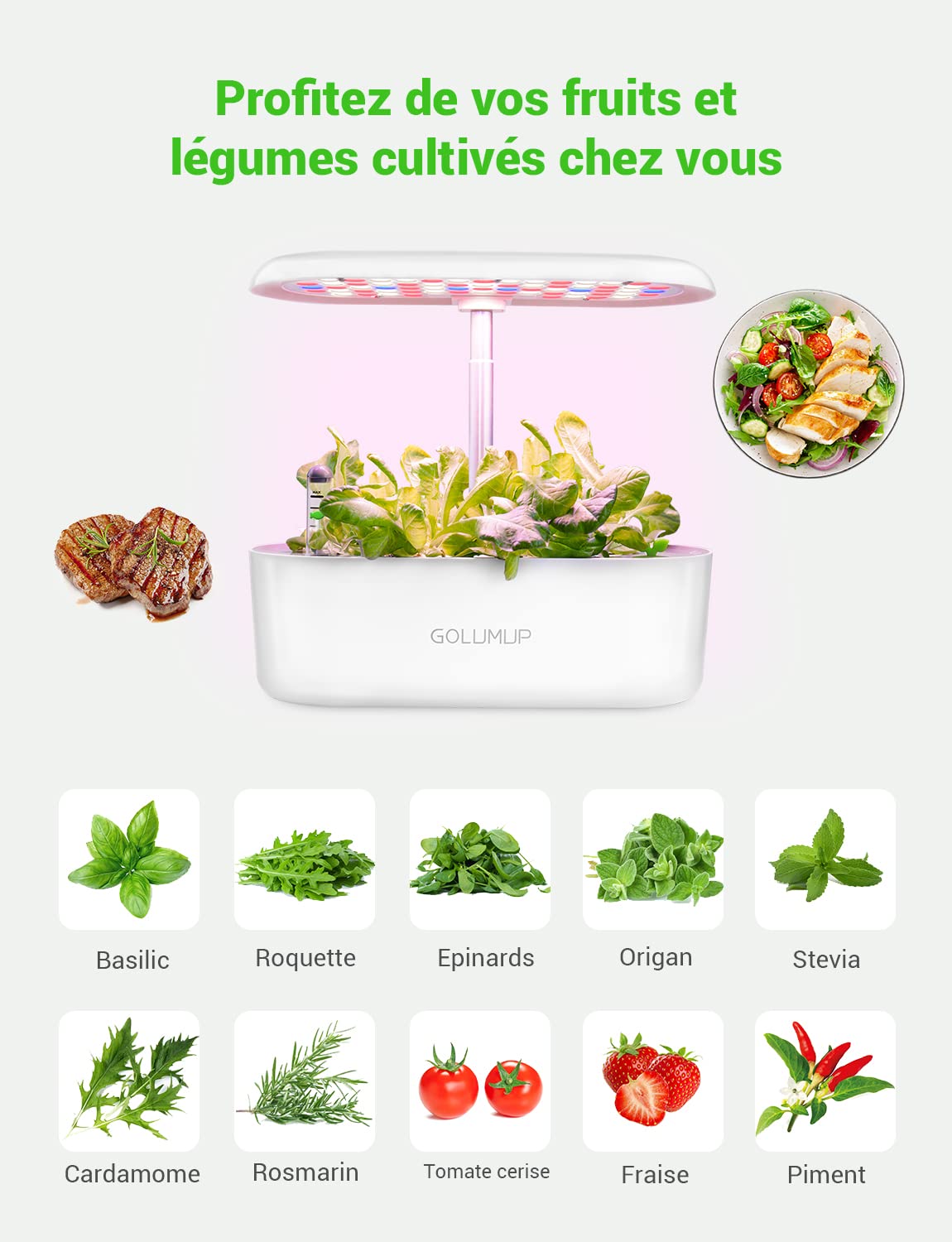 Smart Garden Potager d'intérieur 12 Pots 26W LED Lumière Croissance Intelligente Hauteur Réglable 20-50cm