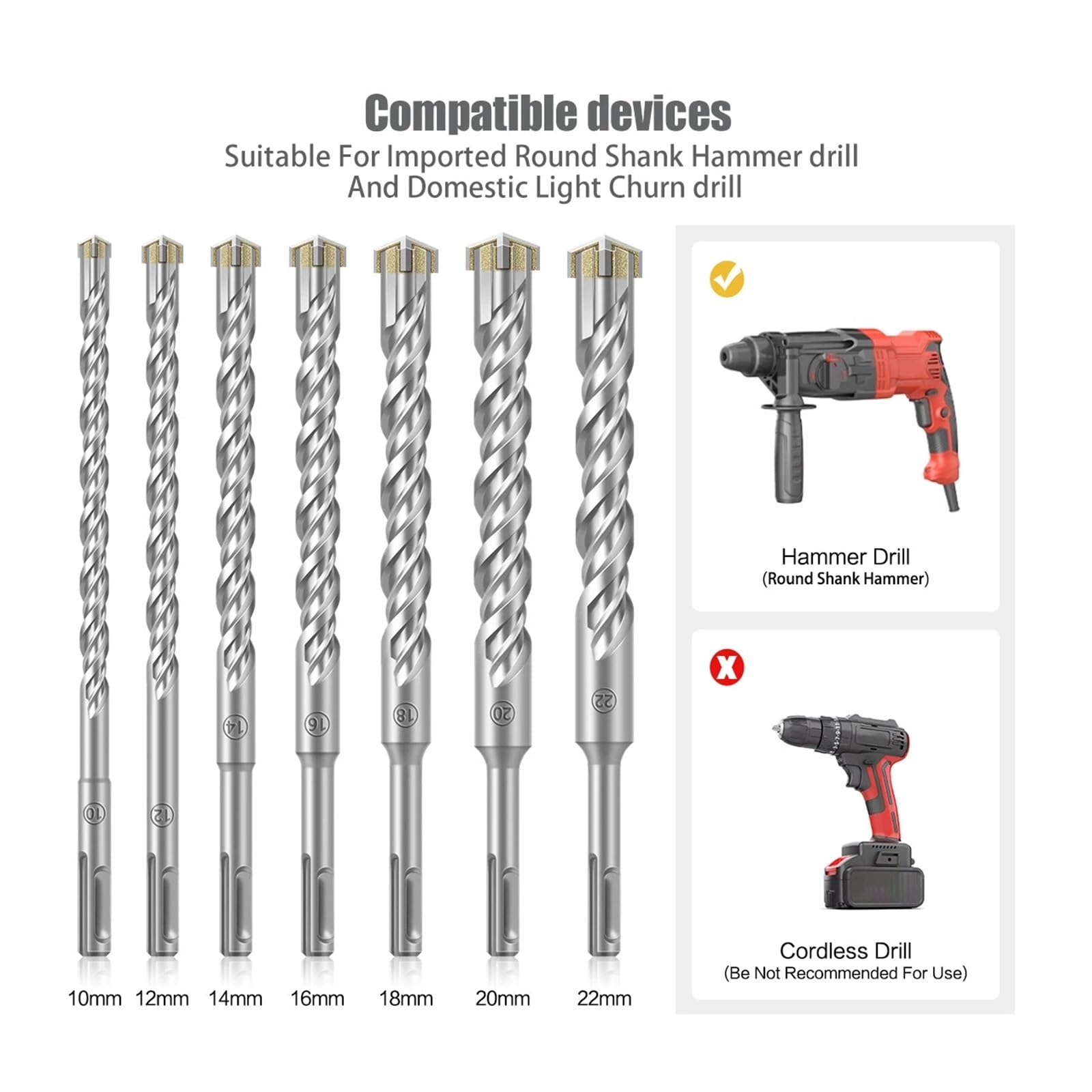 Broca de martillo eléctrico de aleación de 8-25 mm de diámetro, broca de impacto para hormigón a través de perforación de orificios de pared, accesorios de taladro eléctrico(200mm-7Pcs)