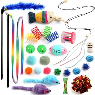 QUOZUO Cat Toys Assortment - 26 Pack Hanging Interactive Kitten Toys for Indoor Cats, Wands, Feather, Balls, Mouse
