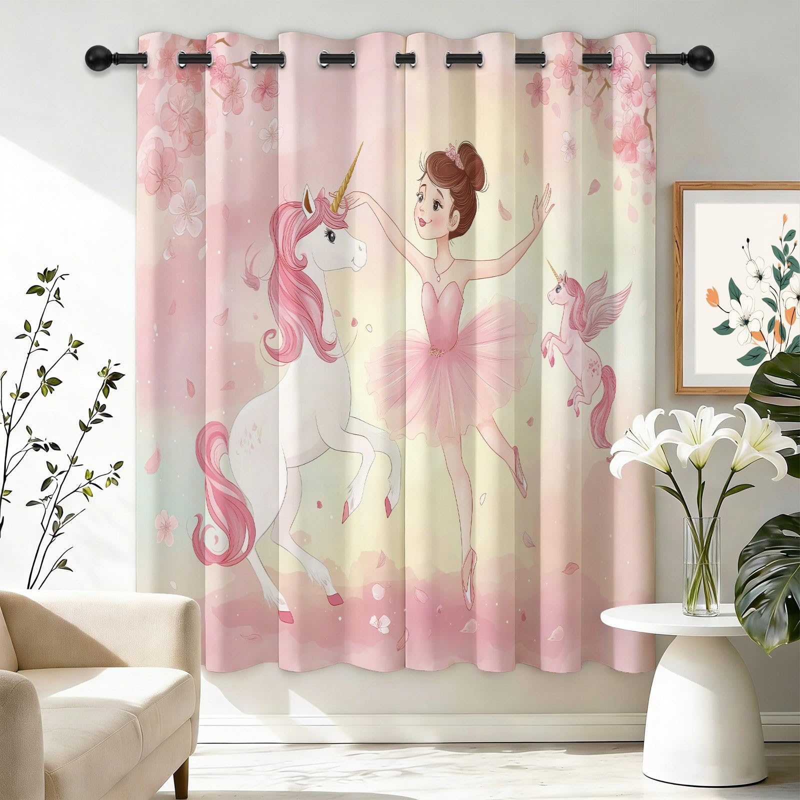 Rideau Occultant Fantaisie 2 Pièces L140×H260 cm, Motif Licorne Ballerine Fleur, Rideau Thermique Isolant Anti Chaleur à Oeillets Isolation Lumiere Anti UV Decoration, Chambre De Bébé Chambre De Fille