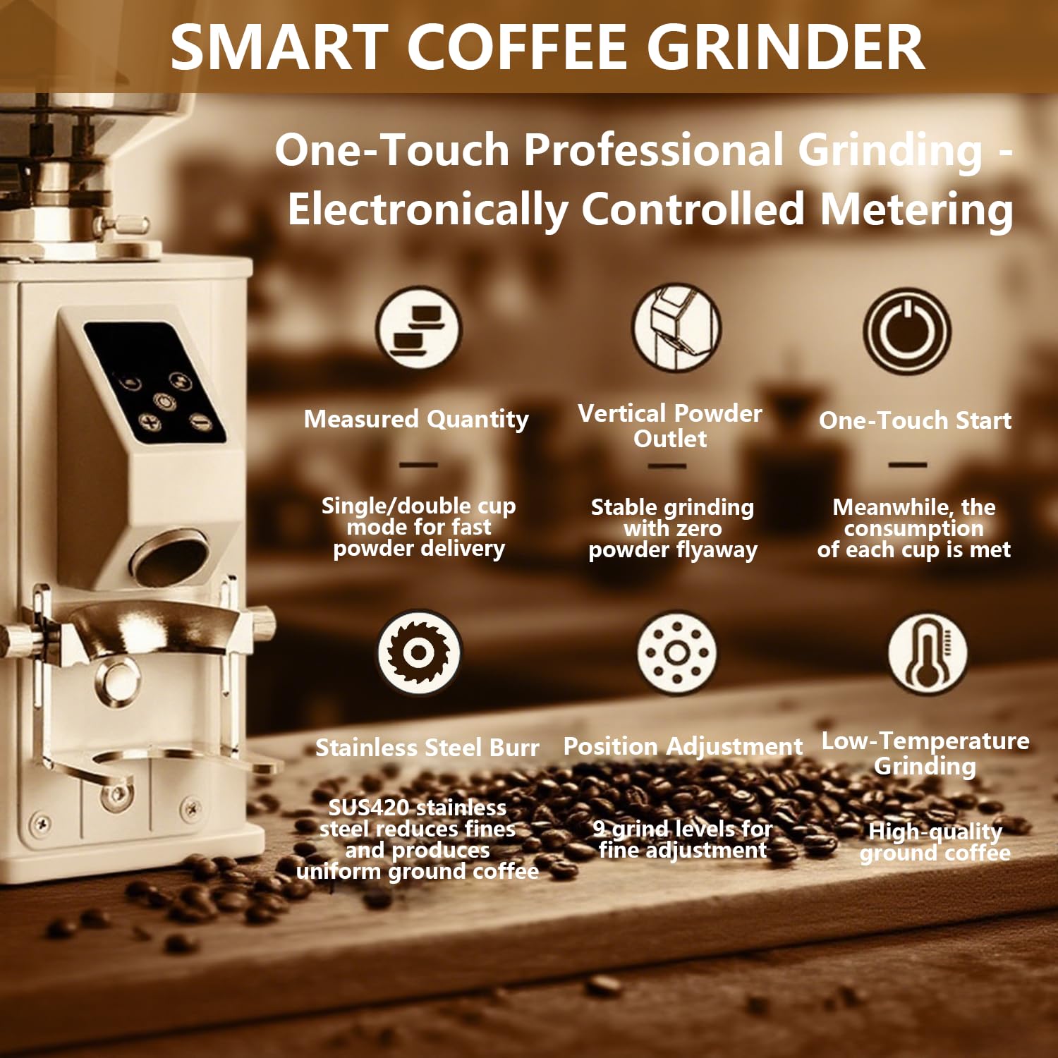 Molinillo Cafe Electrico, Moledor De Cafe 350 W, 2800 RPM, Modo De Dosificación Dual, Panel De Control LED Y Tolva De 450 G, 9 Ajustes De Molienda Gruesa/Fina, para Espresso White