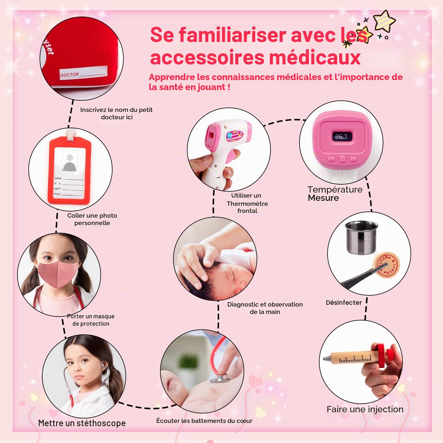 Sundaymot Malette Docteur Enfant Médecin Jouet Bois avec stéthoscope véritable, thermomètre, Mallette de Dentiste, Blouse de Docteur, Cadeau médical de Jeu de rôle Rouge pour Filles garçons 3 4 Ans