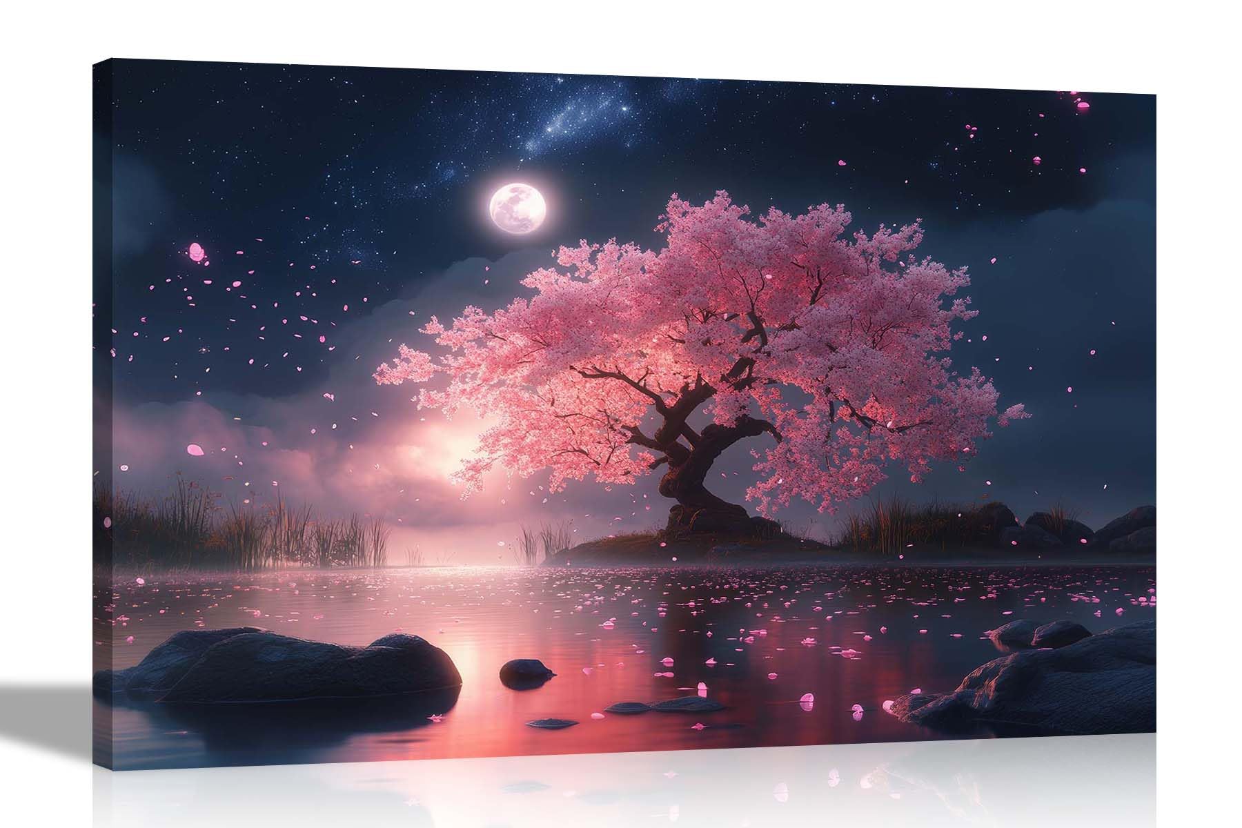 Artley Prints Night Fall Cherry Tree - Night Fall Pink Blossom Tree Lake Canvas Wall Art Prints Home Office Bedroom Star Scenary Pictures Decoration 30 X 20Cm (12 X 8 Inches) A4