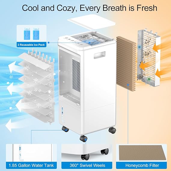 Portable Air Conditioner, Windowless Ac Fan for Room Bedroom Indoor 1.85 Gal Water Tank, 3 Speeds, 80Oscillation,