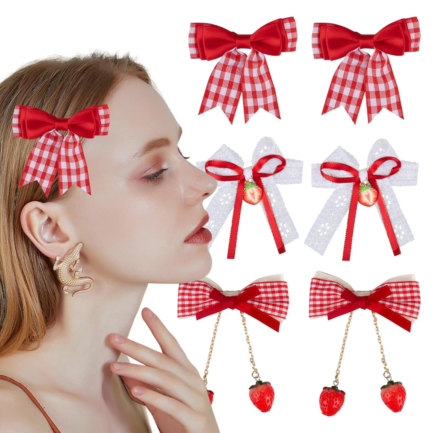 6 Pcs Strawberry Hair Bow Clips Hair Accessories, Cute Alligator Hair Barrettes, Red White Plaid Bow Decor for Women Girls Hair Decoration, Christmas