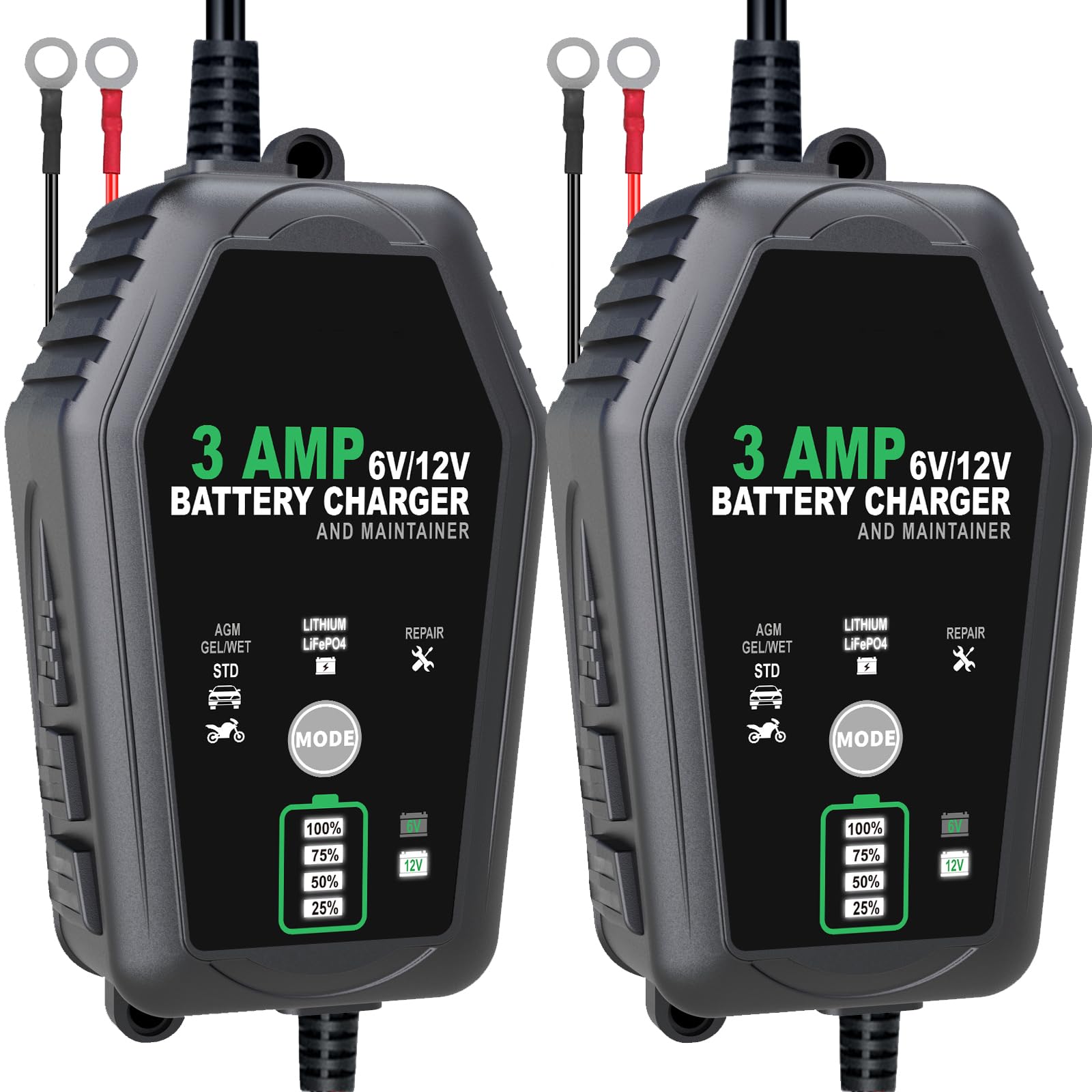 2 [Pack] 6V 12V Battery Charger Maintainer, 3-Amp Fully Automatic 6 Volt 12 Volt Lithium LiFepo4 Lead Acid Battery Trickle Charger Desulfator for Automotive,Boat,Motorcycle,Lawn Mower