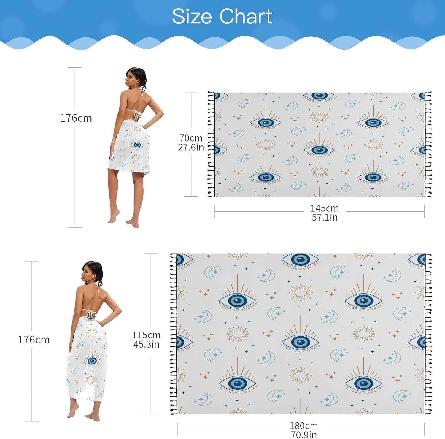 Magic Evil Eye Beach Sarong Coverups for Women Swimsuit Wrap Swimwear Cover Up Sheer Dress, M - Image 4