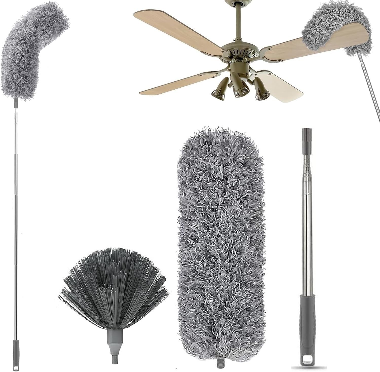 2 in 1 Long Handle Microfiber Feather Ceiling Duster for Dust Cleaning with extendable Pole 30-100 Inch with Anti Scratch Bendable Head for Cleaning High Cobweb Stick high Ceiling Fan Mop