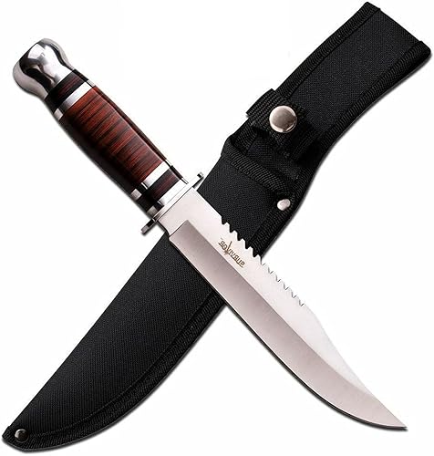 Survivor Cuchillo de caza con pomo cromado de hoja fija de 12 pulgadas con mango de madera con funda Pro Tactical Limited Camping Outdoor Knife