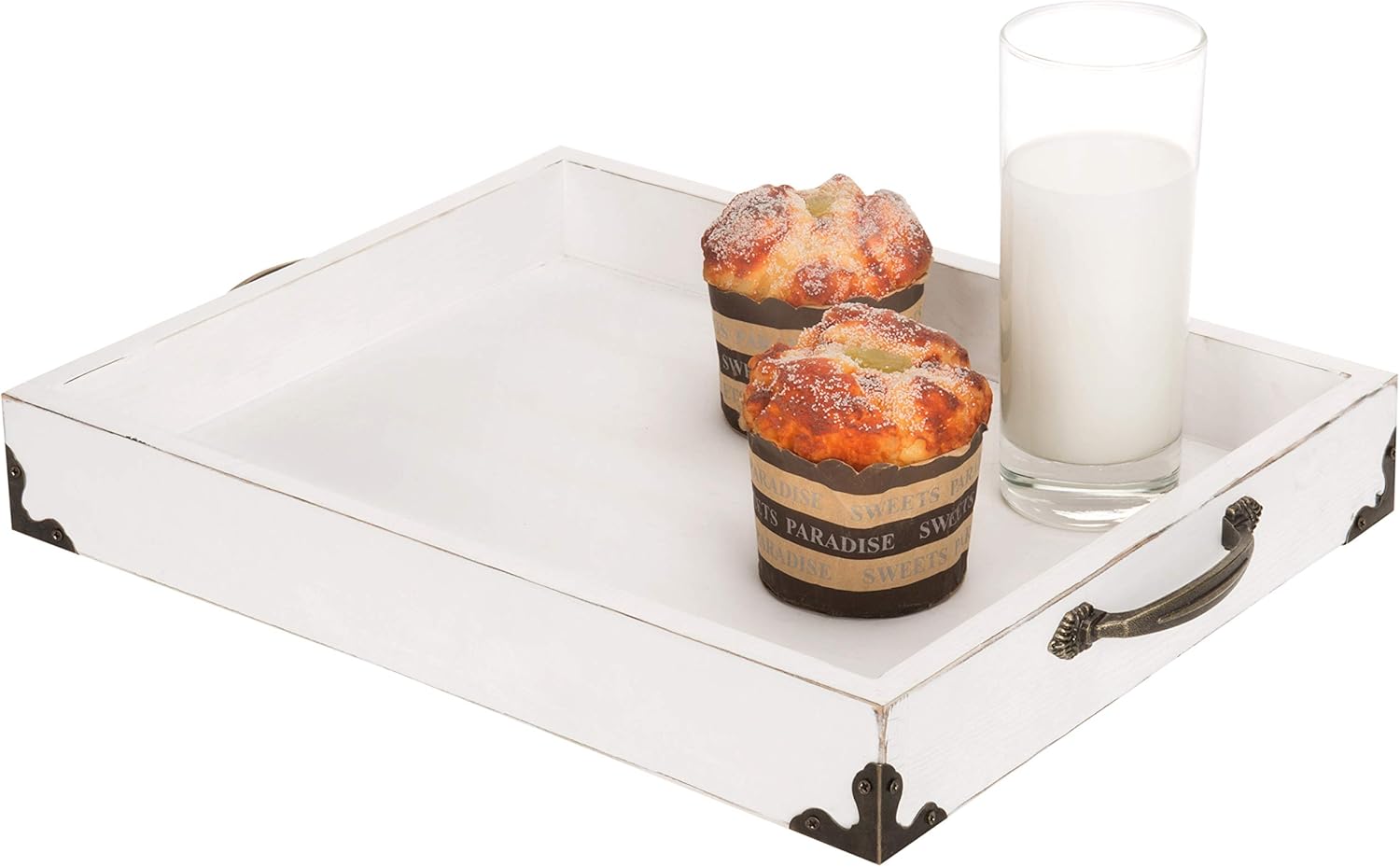 Flash Deals - 80% OFF MyGift Vintage White Wood Coffee Table/Ottoman Decorative Serving and Vanity Tray with Antique Handles