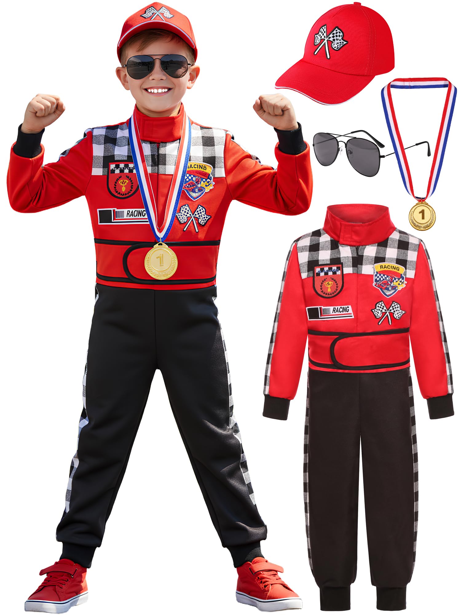 BordazorKids Race Car Driver Costume Boys Racer Jumpsuit With Car Cap Halloween