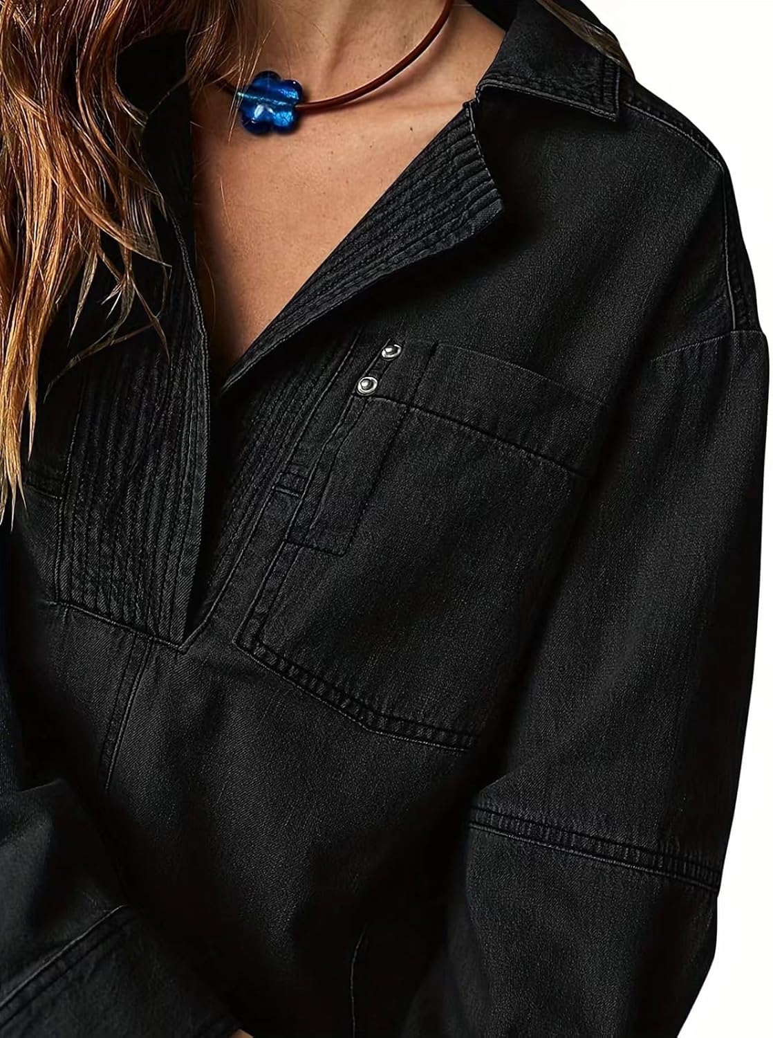 loveimgs Women Casual Long Sleeve Denim Pullover Top Jean Shirt Turndown V Neck Oversized Denim Shirt Hoodie Sweatshirt - Image 3