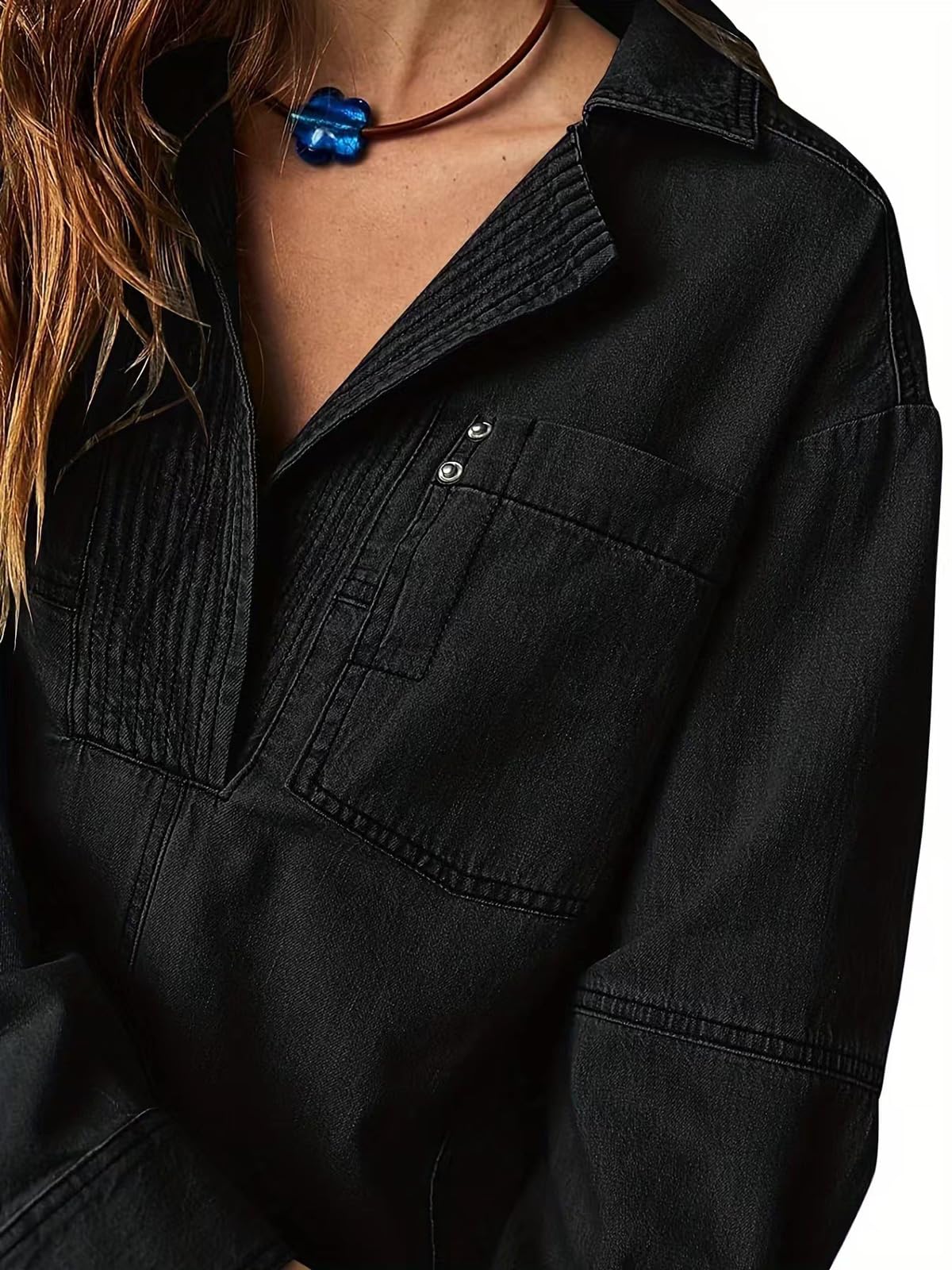 loveimgs Lässiger Langarm-Denim-Pullover für Damen, Jeanshemd, V-Ausschnitt, übergroßes Denim-Shirt, Kapuzen-Sweatshirt