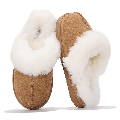 Project Cloud Genuine Leather Slippers for Women Footwear with Genuine Fur Lining Womens Clogs & Mule - Non-Slip Indoor/Outdoor Scuff Womens Slippers with Memory Foam Insole (Henka) - 9 - Chestnut