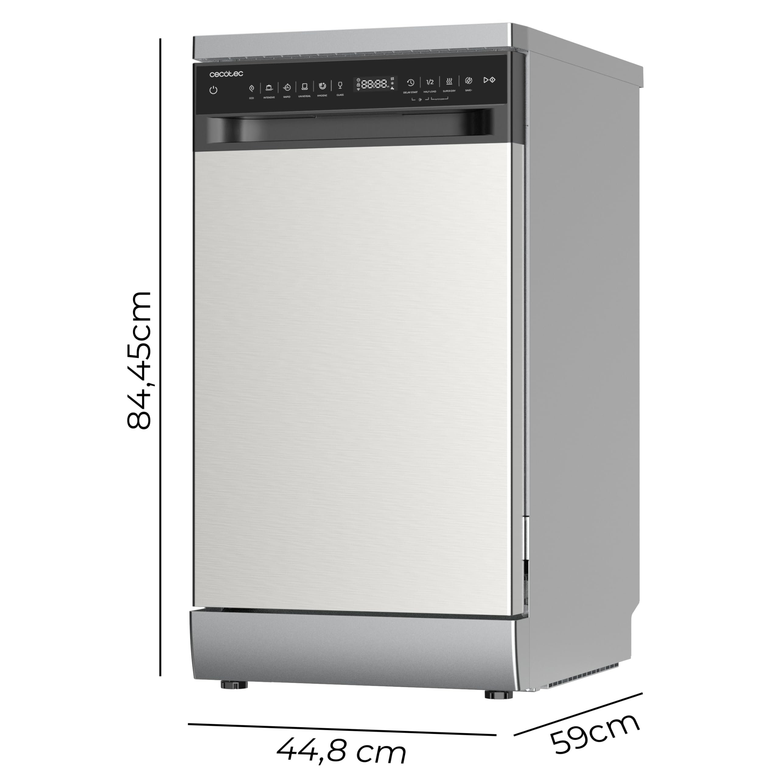 Cecotec Lavastoviglie Libera Installazione 45cm Bolero Aguazero 4560 Inox Connected. 11 Coperti, 6 Programmi, Classe C, Inverter Plus Duo, Pannello Touch,WiFi, O2Dry, Super Dry, Save+, AutoClean, Inox