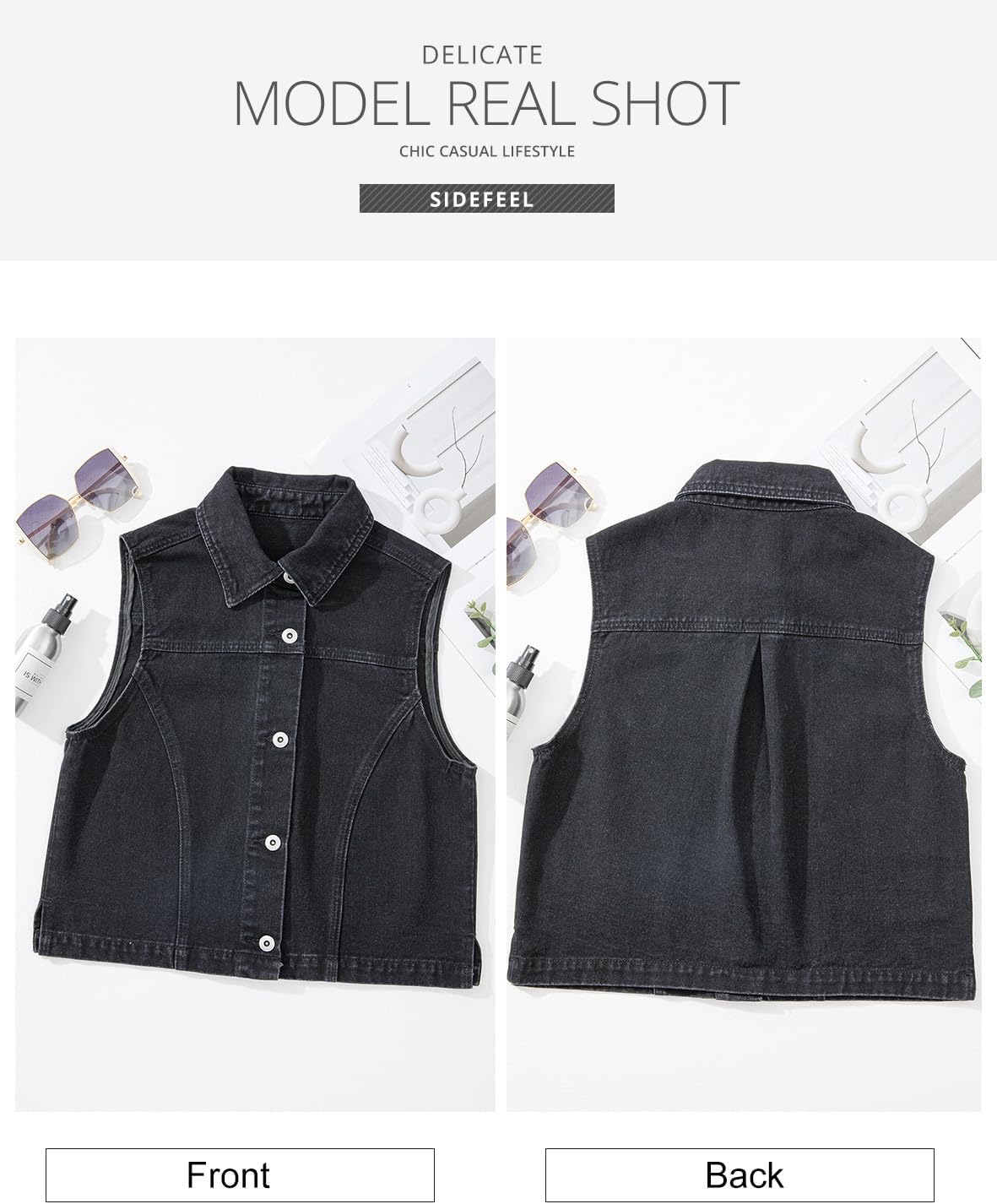 Sidefeel Women's Denim Vest Sleeveless Collared Crop Jean Vest Top Button Down Waistcoat - Image 7