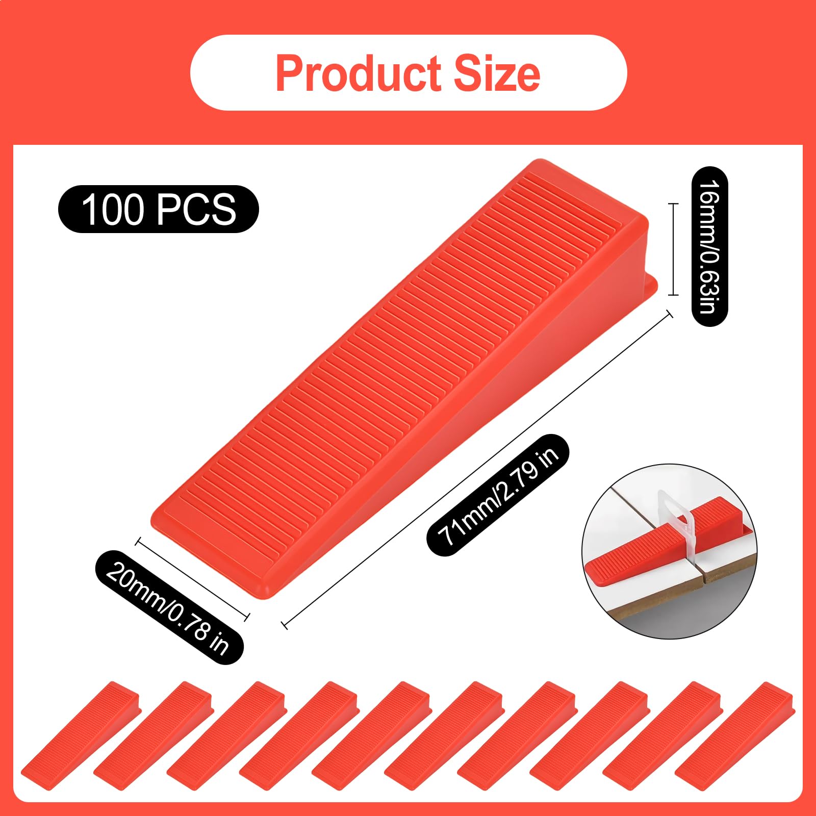 100 Pezzi Distanziatori Cunei Per Piastrelle, 71X16X20Mm Cunei Riutilizzabili Per Distanziatori Livello Pavimenti, Livellatori Per Piastrelle Per Cucina Terrazzo Soggiorno Ingresso Pavimento (Rosso)