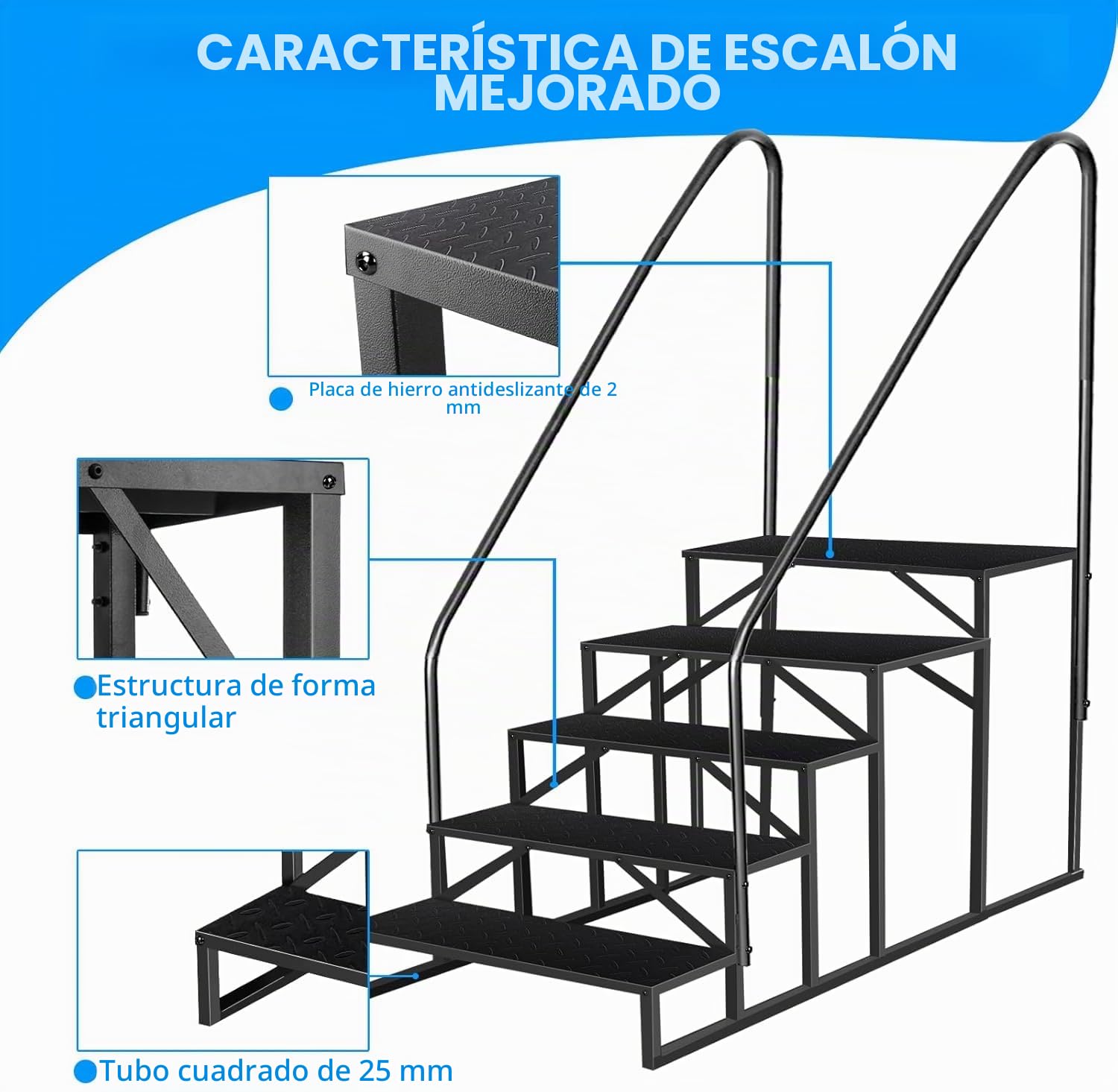 Escalera de Acero Antideslizante Portátil con 5 Ruedas para Caravanas y Piscinas, Doméstica de Exterior con 2 Pasamanos y 5 Peldaños