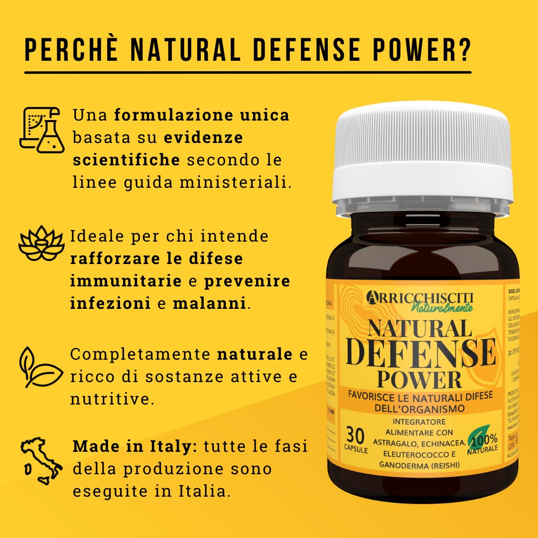 Natural Defense Power, Integratore Difese Immunitarie, Complesso con Astragalo, Echinacea Purpurea, Eleuterococco e Ganoderma (Fungo Reishi), Immunostimolante per Rafforzare il Sistema Immunitario